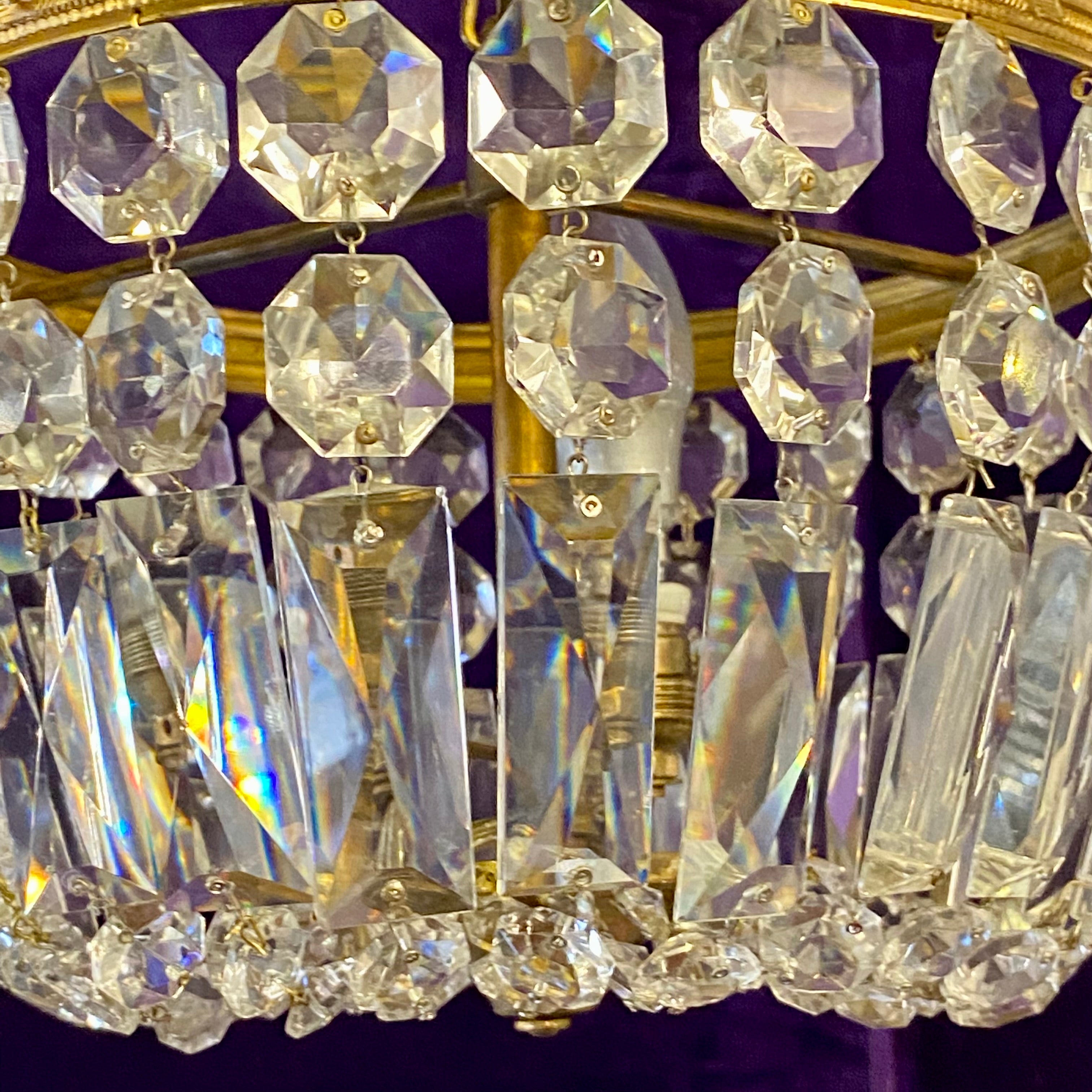 Gilt Metal and Crystal Flush Mounted Chandelier - SOLD