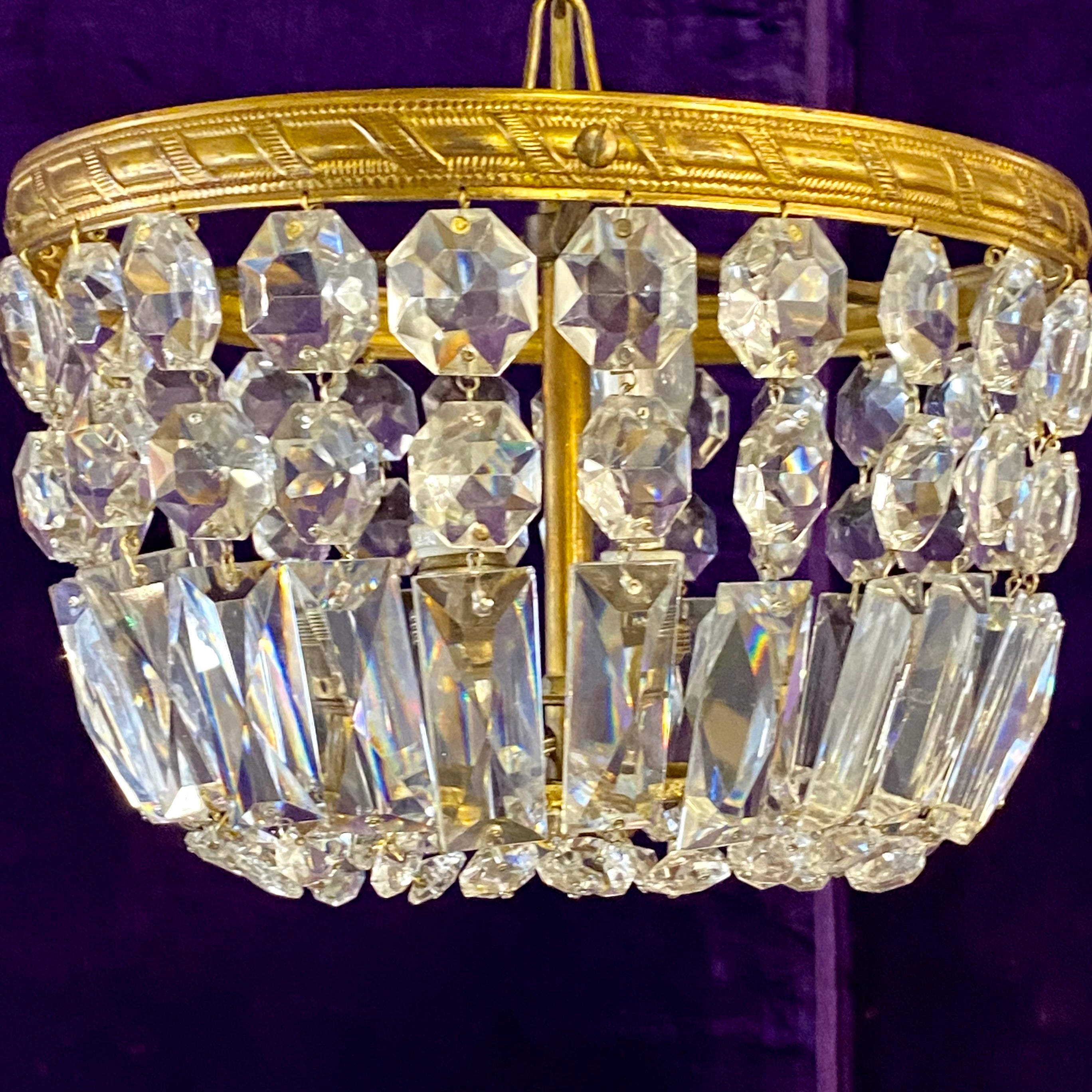 Gilt Metal and Crystal Flush Mounted Chandelier - SOLD