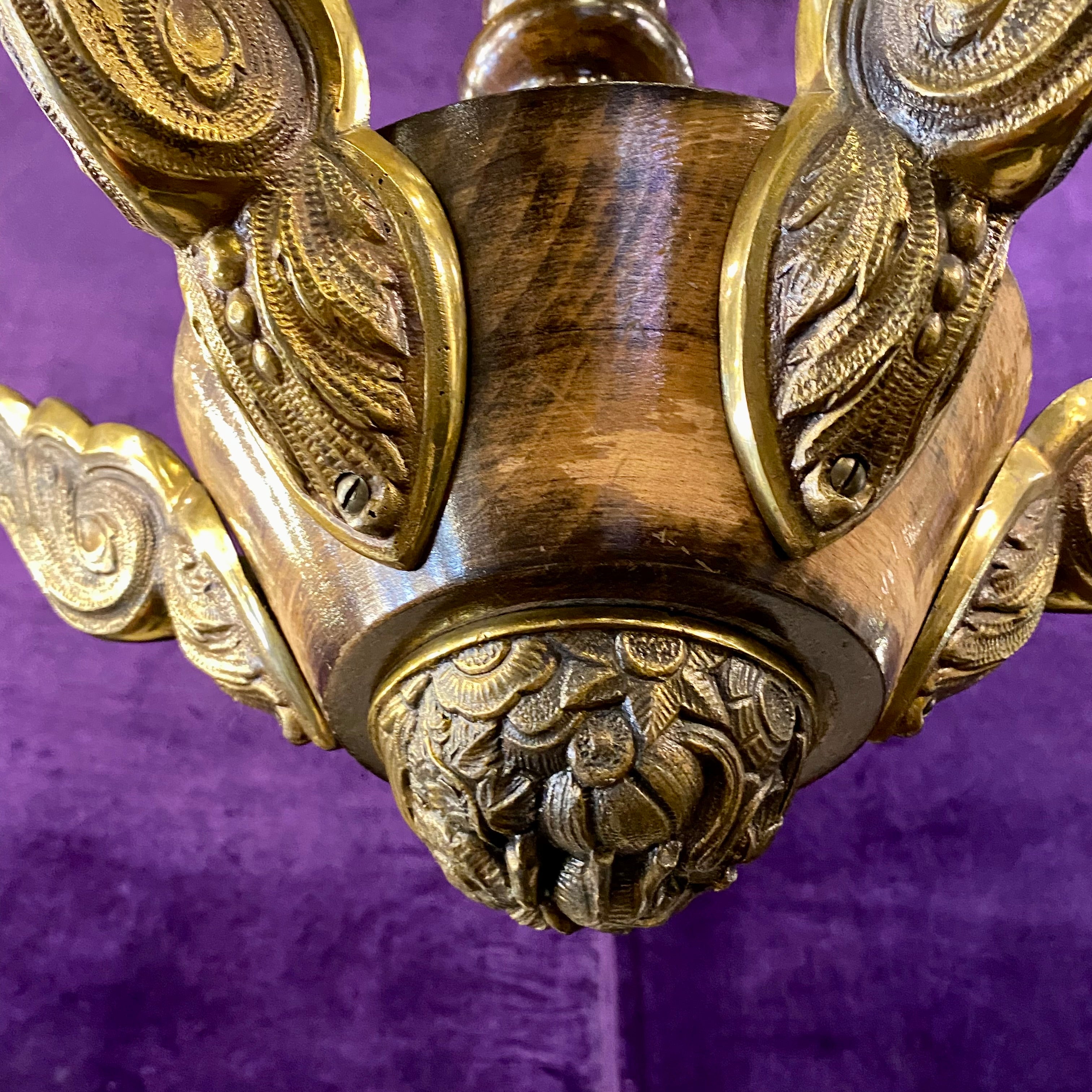 Victorian Brass and Wood Chandelier