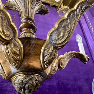 Victorian Brass and Wood Chandelier