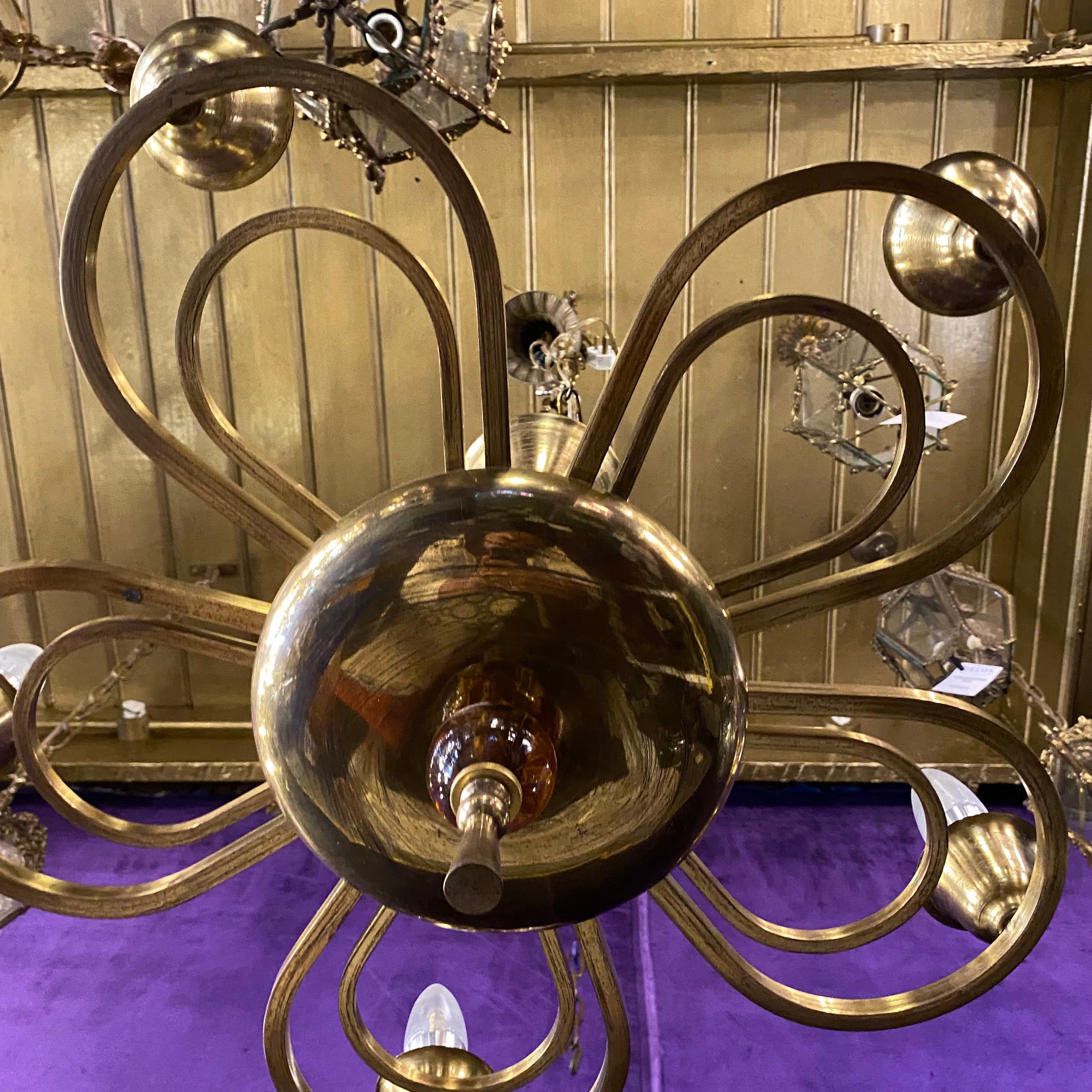 Art Deco Brass Chandelier with Pretty Violet Glass Detail