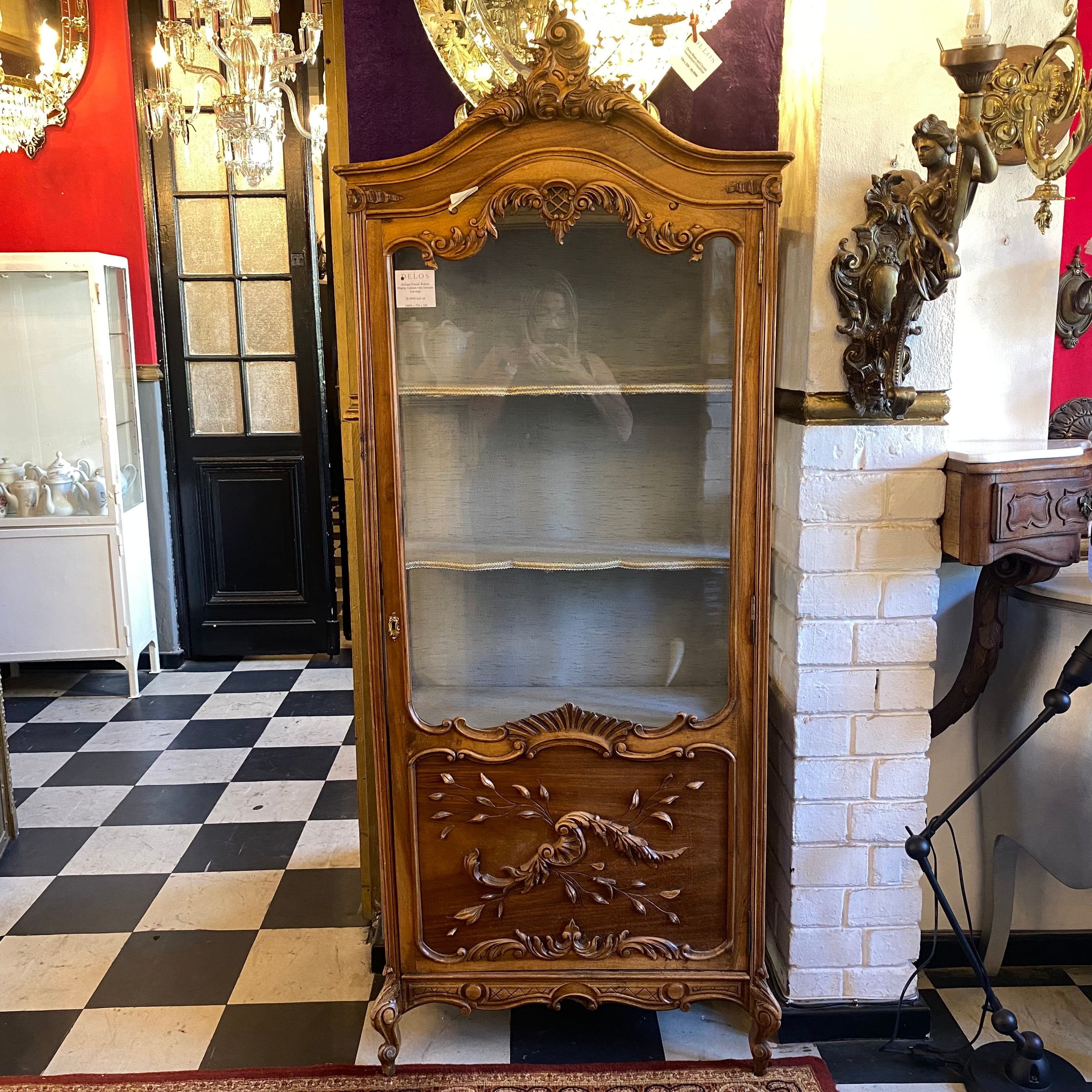 Antique French Walnut Display Cabinet with Intricate Carvings - SOLD