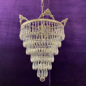 Polished Nickel & Crystal Waterfall Chandelier - SOLD