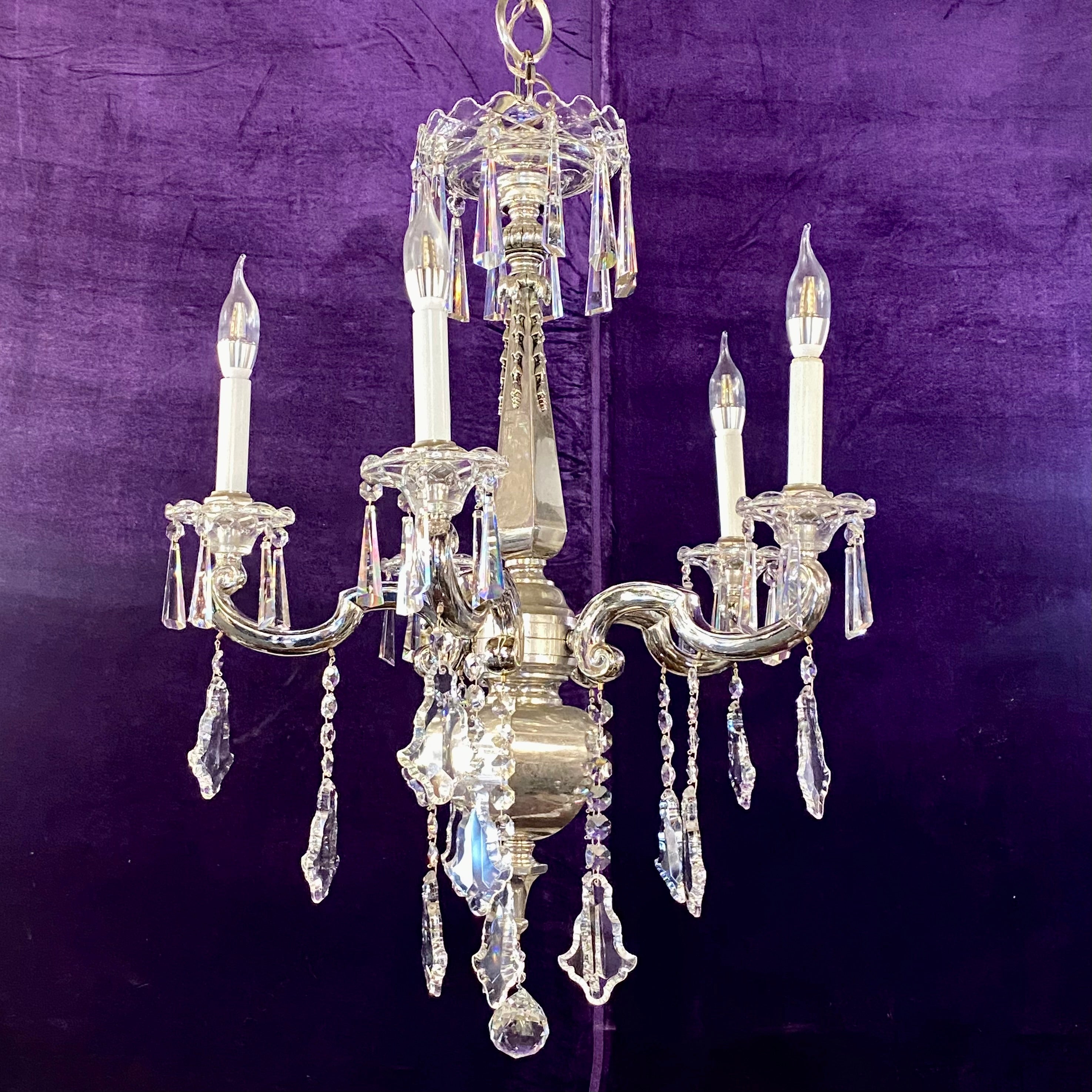 Antique French Nickel Chandelier with Crystal Drops