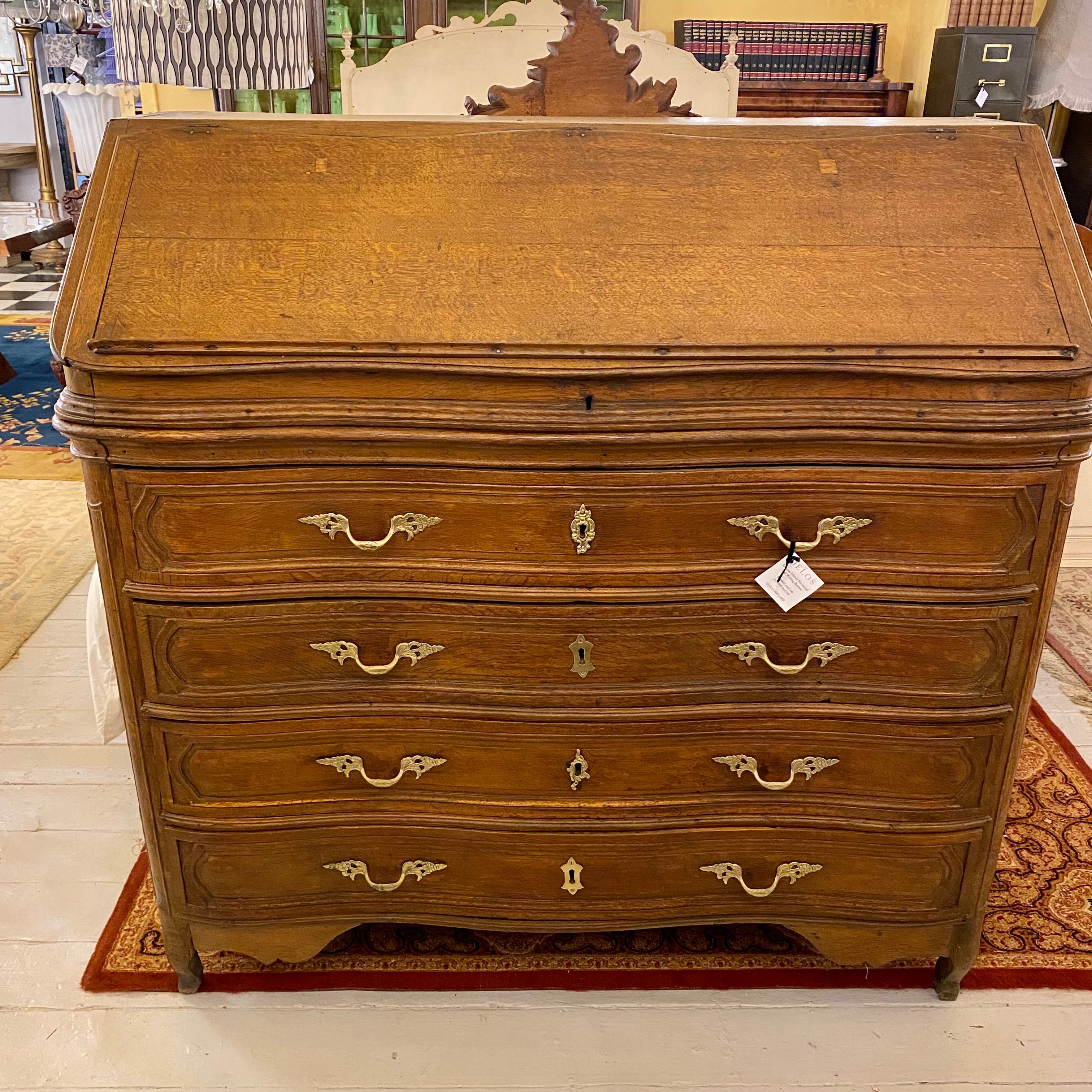 Antique Oak Writing Bureau with Brass Handles