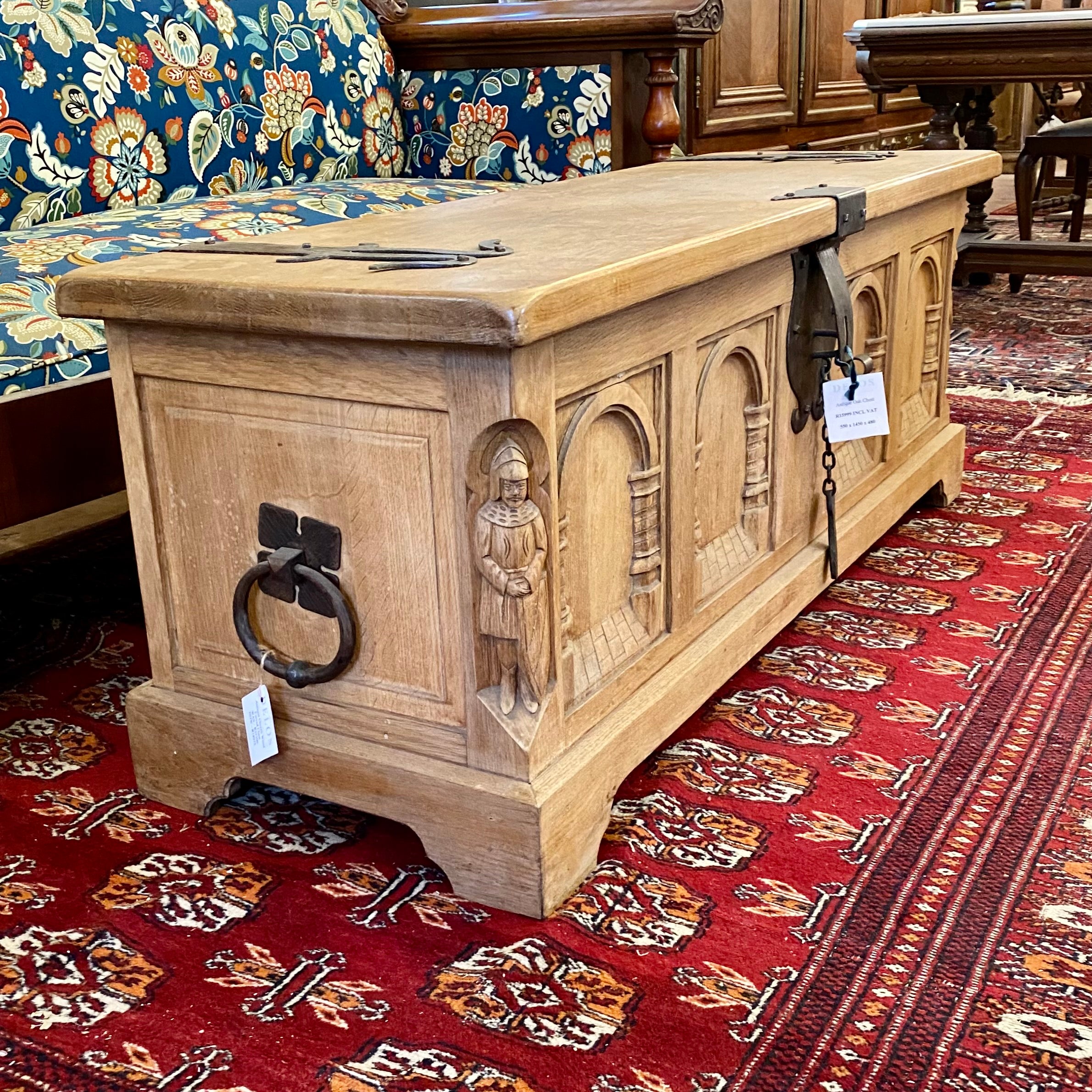 Heavy Antique Carved Oak Kist with Cast Iron Handles