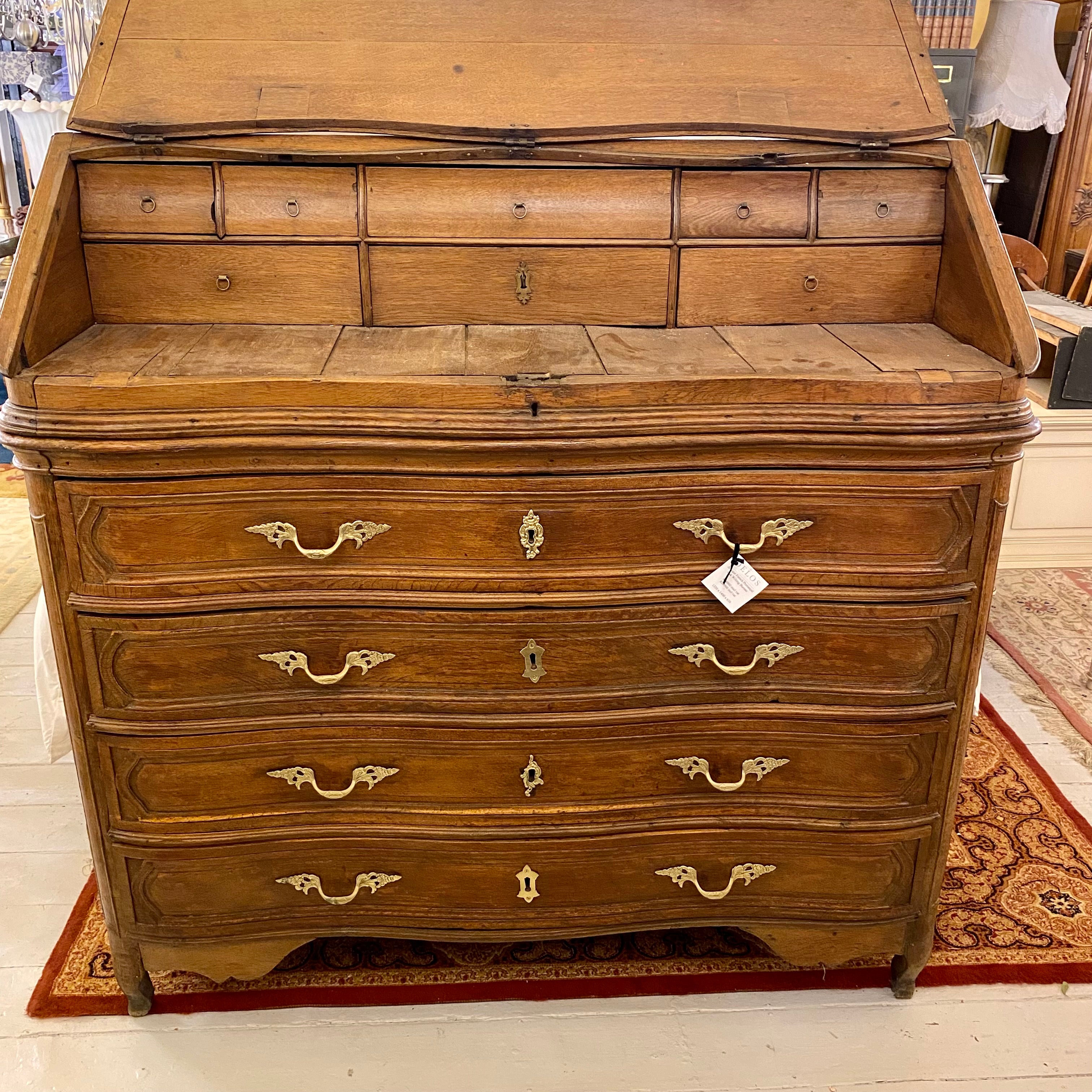 Antique Oak Writing Bureau with Brass Handles