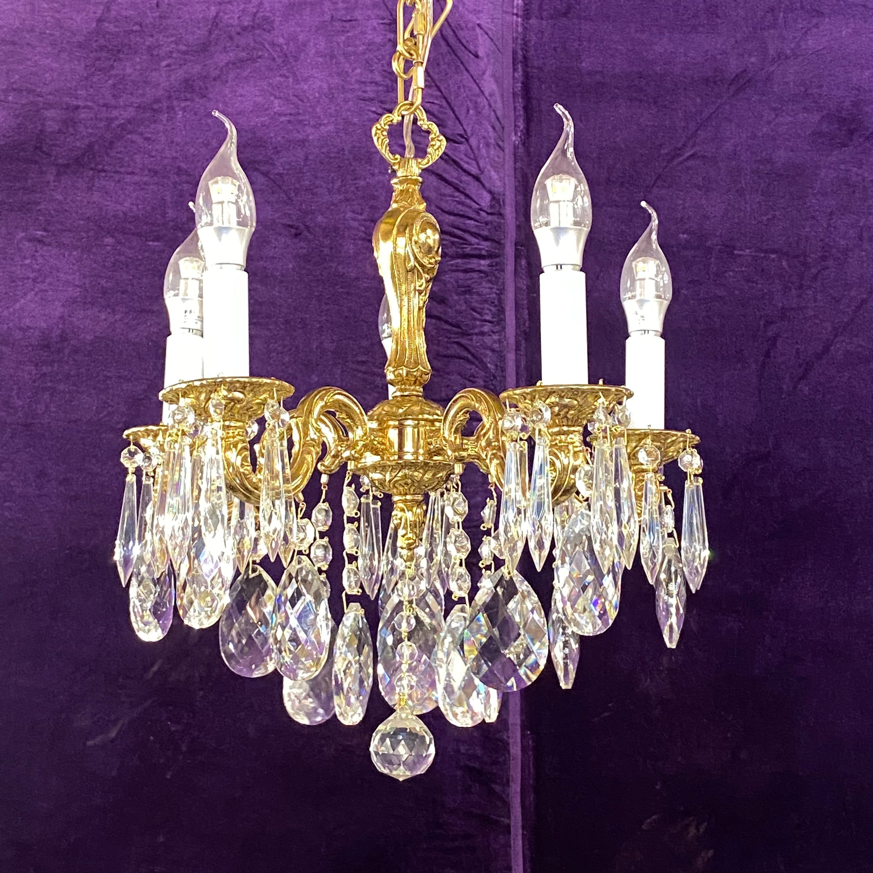 Dainty Antique Brass and Crystal Chandelier