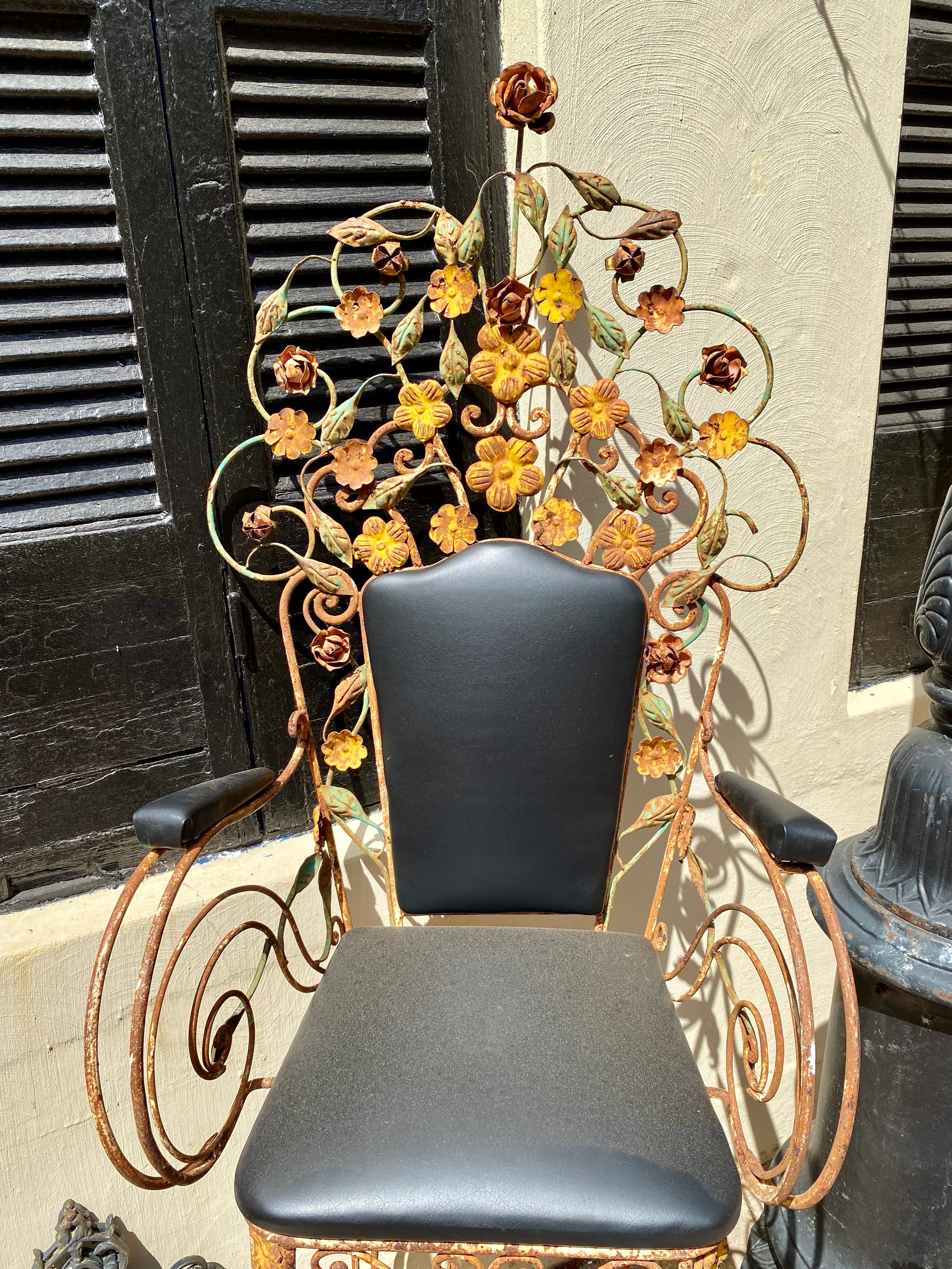 Ornate Wrought Iron Armchair with Vinyl Upholstery