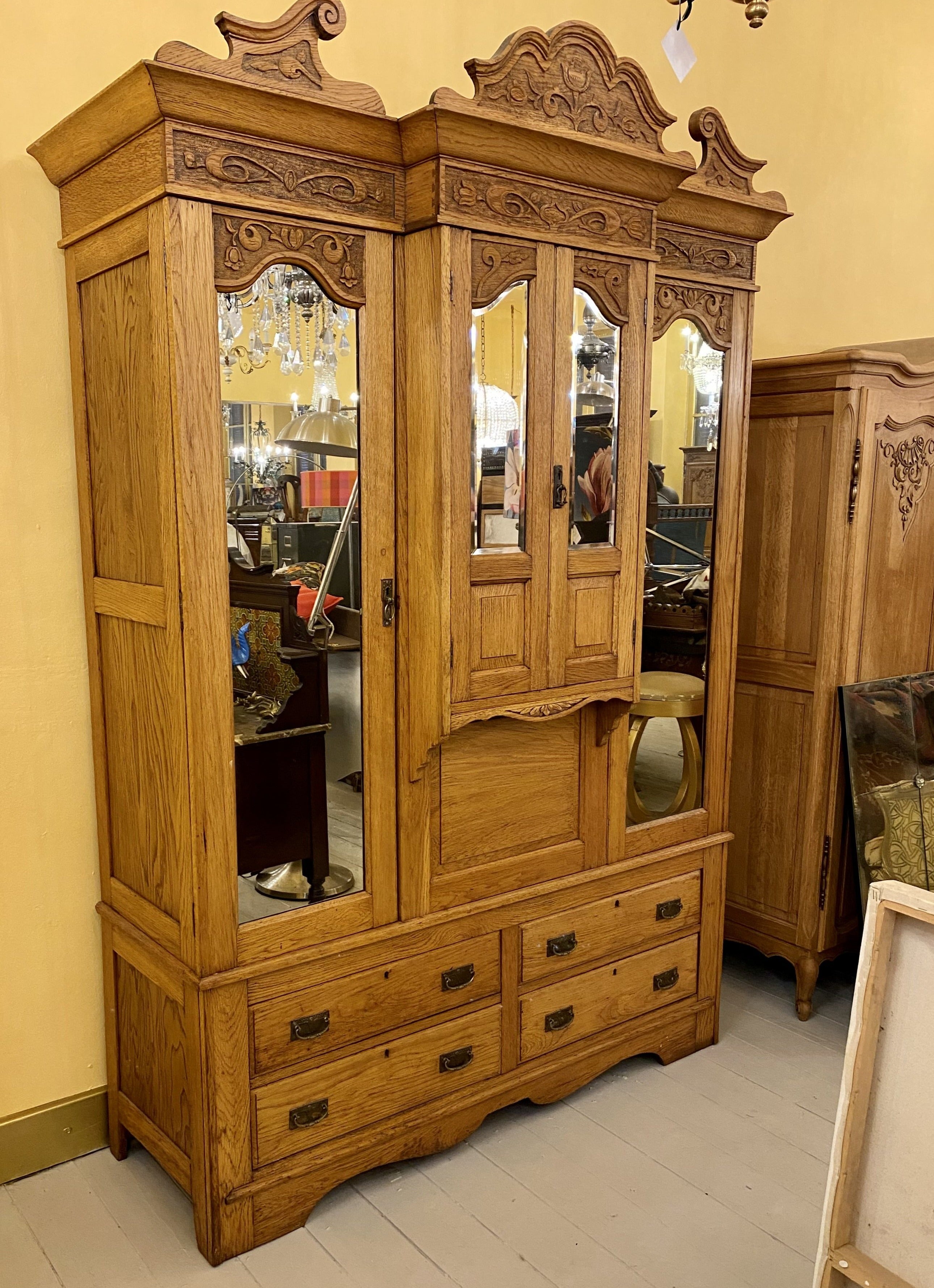 Antique Oak Wardrobe with Mirror Front - SOLD