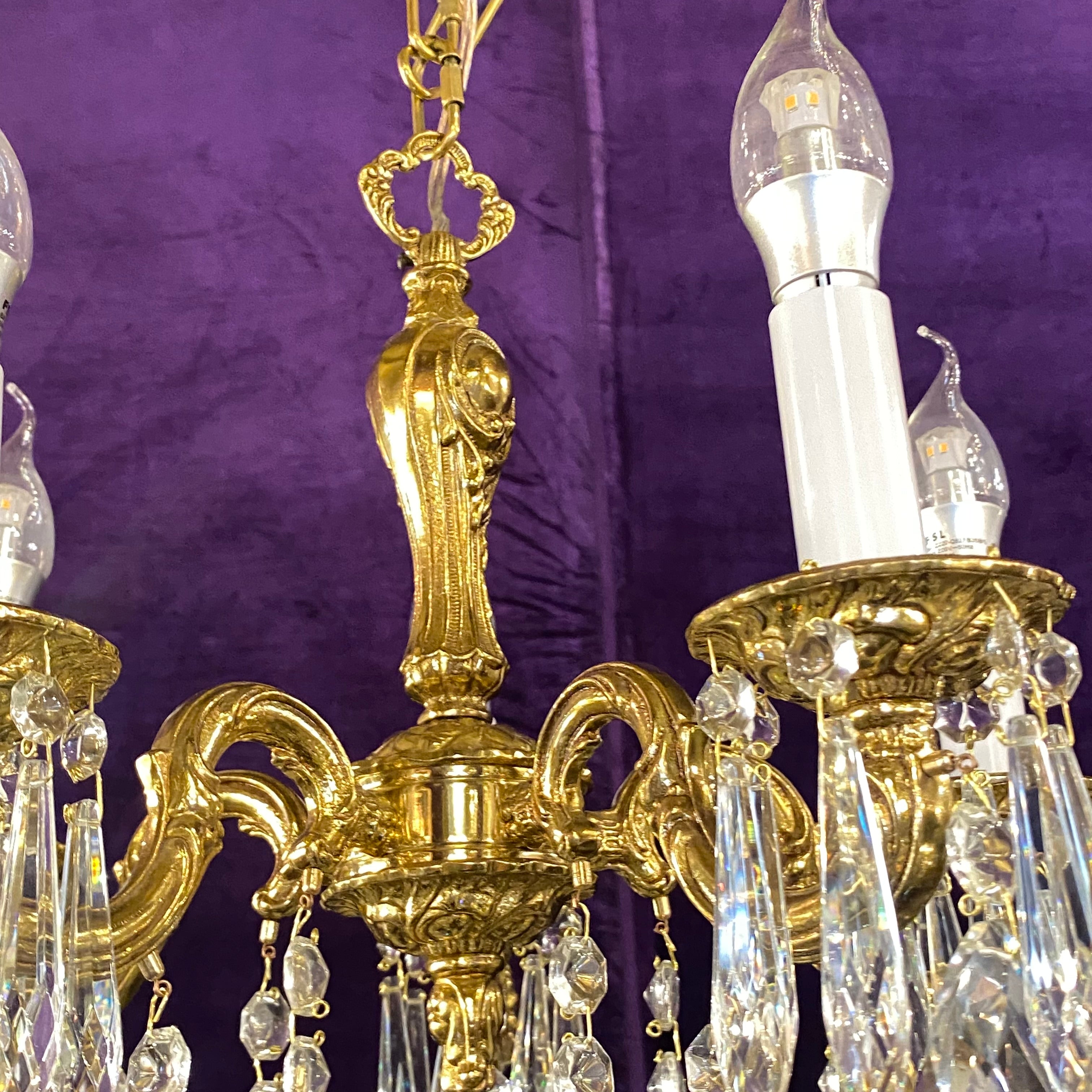 Dainty Antique Brass and Crystal Chandelier