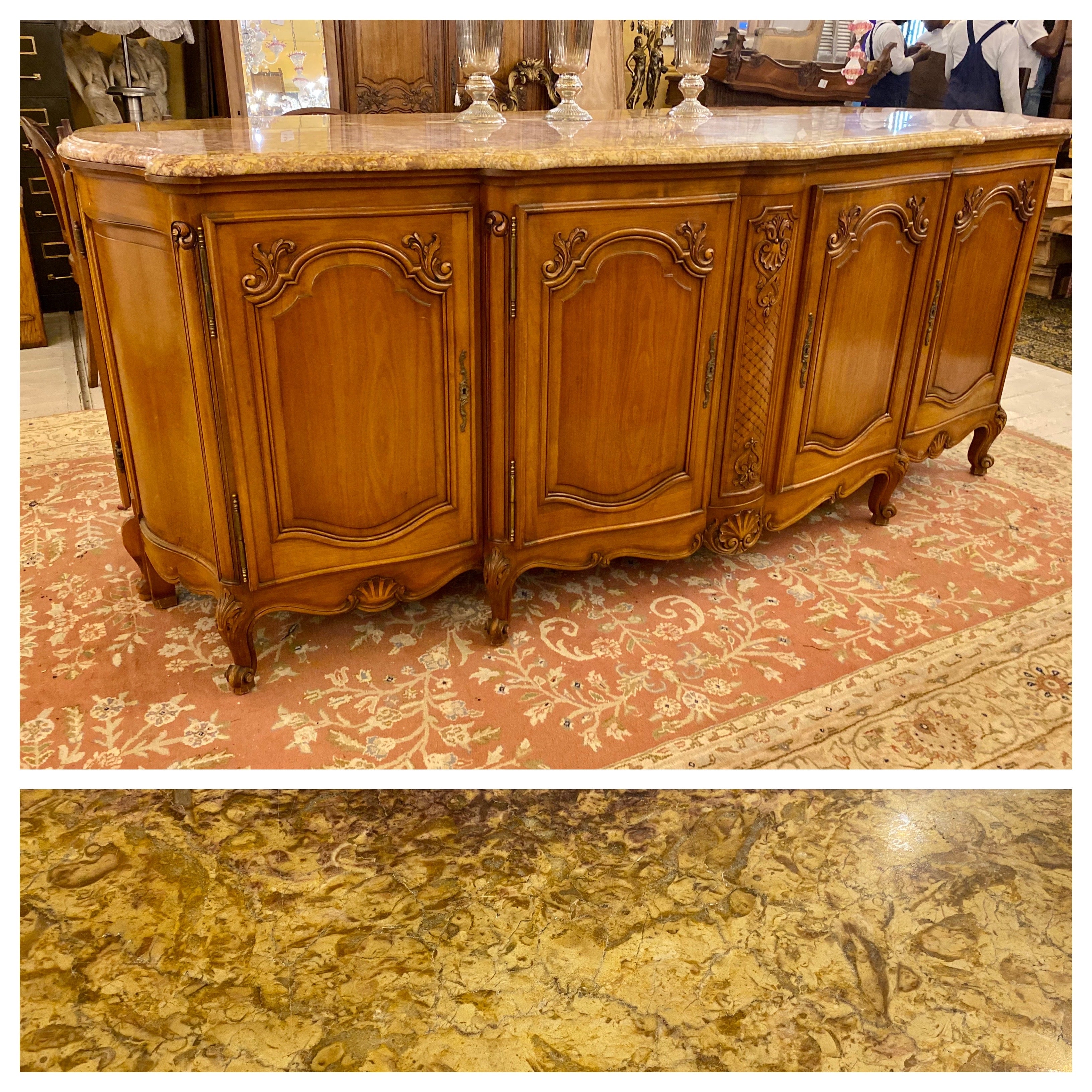 Antique French Walnut Server with Snails Feet & Marble Top