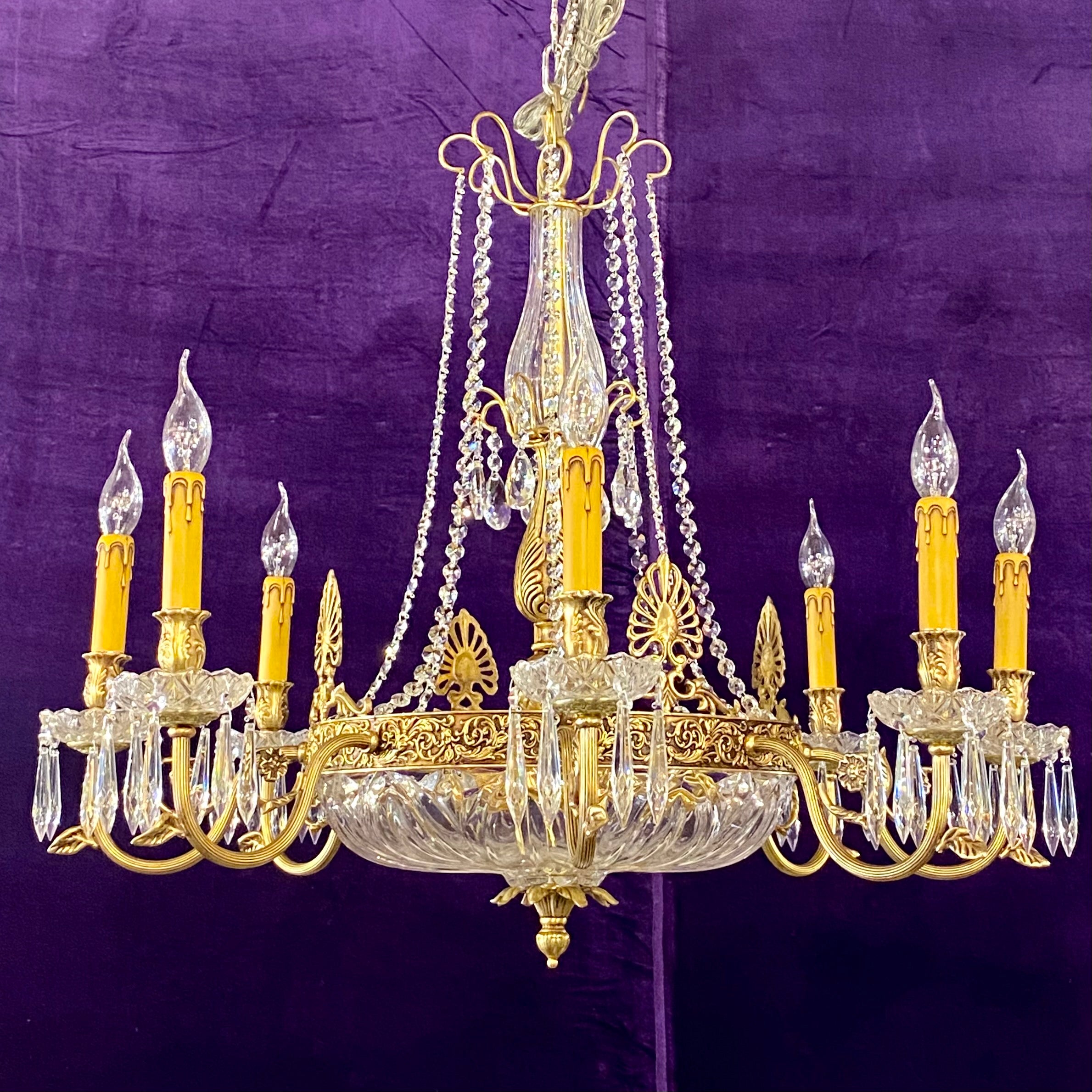 Brass & Crystal Neoclassical Chandelier with Cut Glass