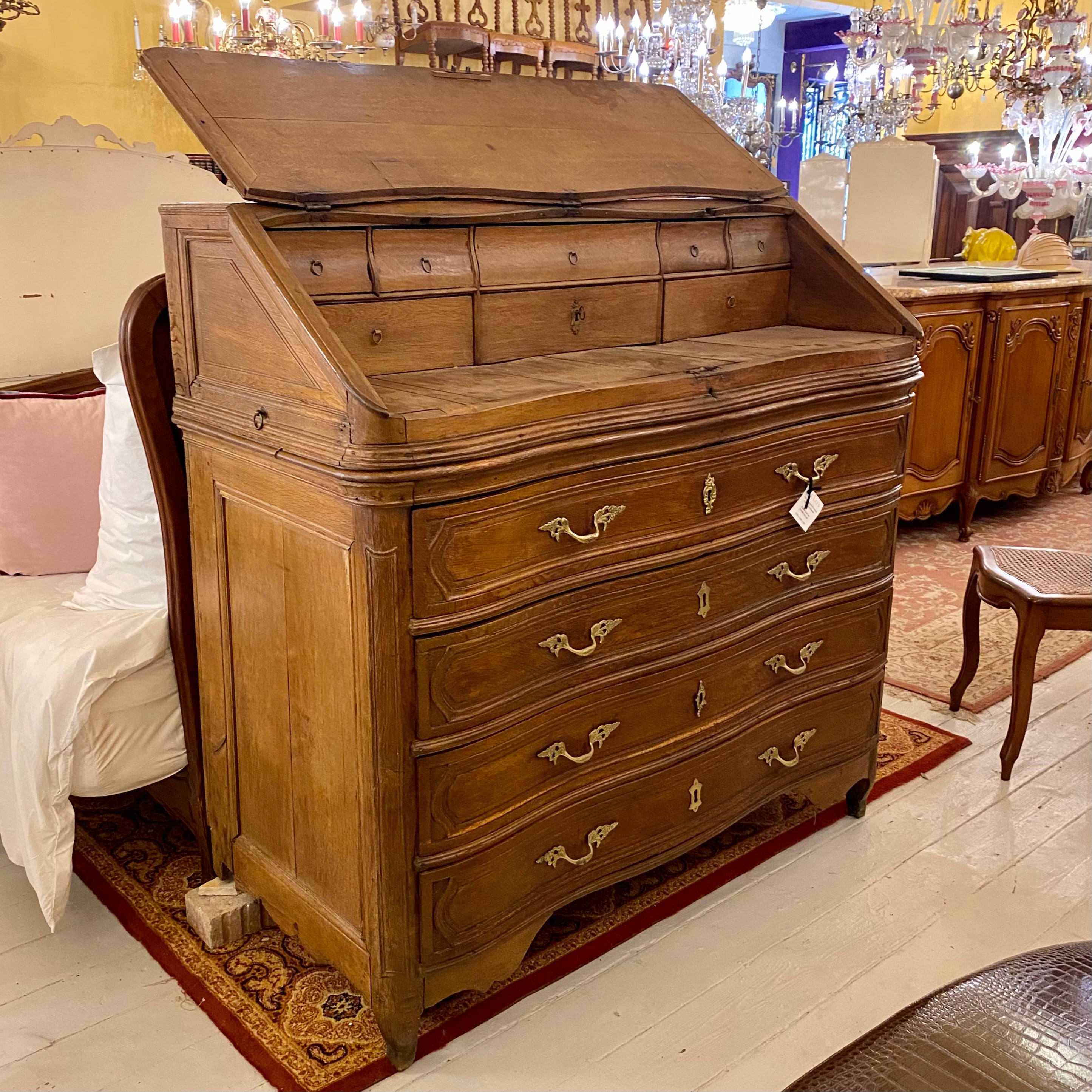 Antique Oak Writing Bureau with Brass Handles