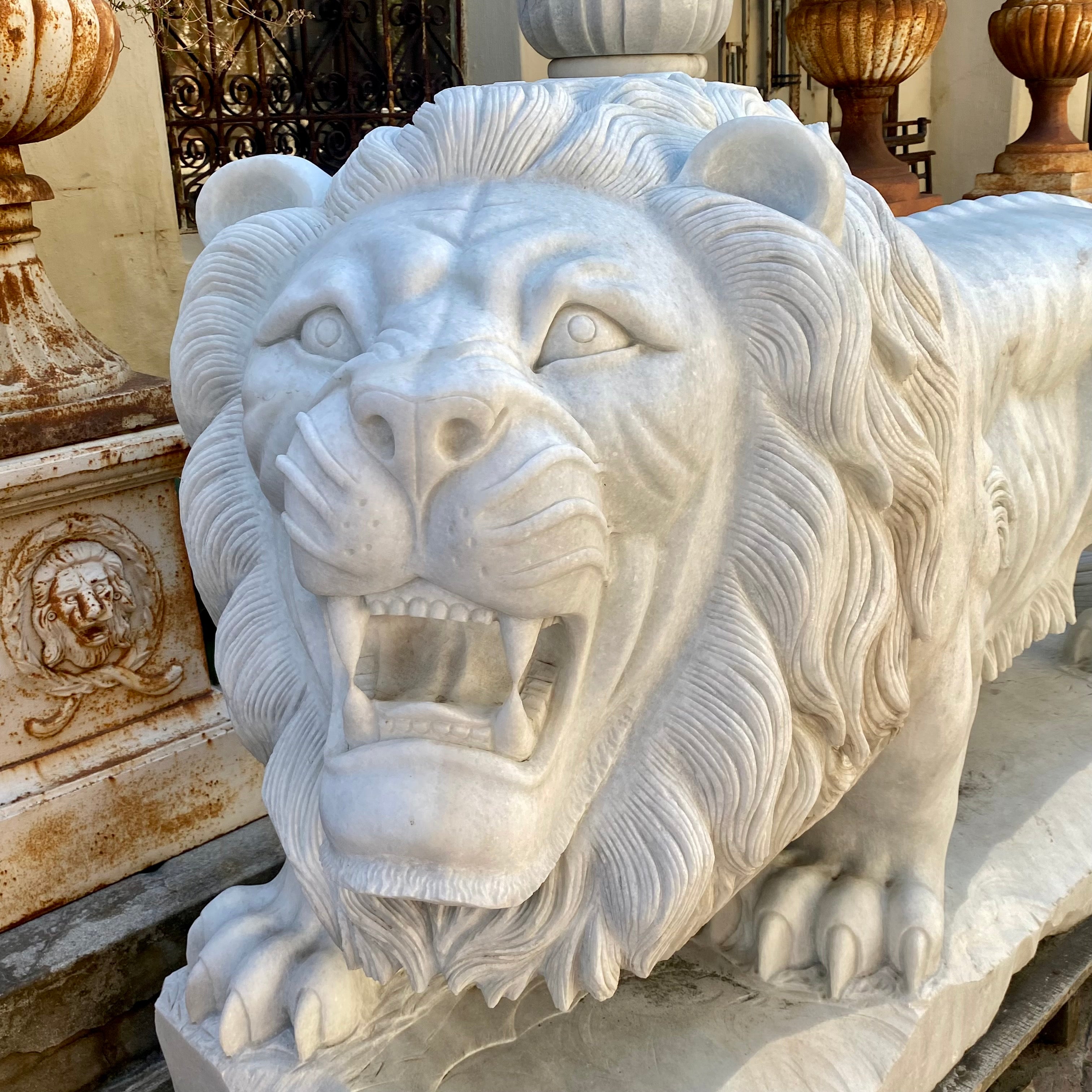 Spectacular! Pair of Carved White Marble Lions