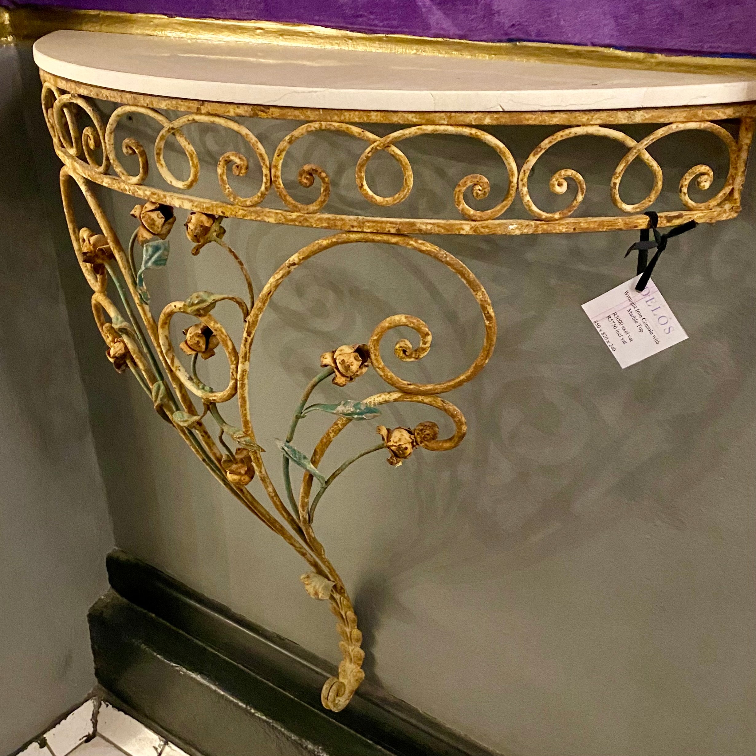 Distressed Wrought Iron Console with Marble Top - SOLD