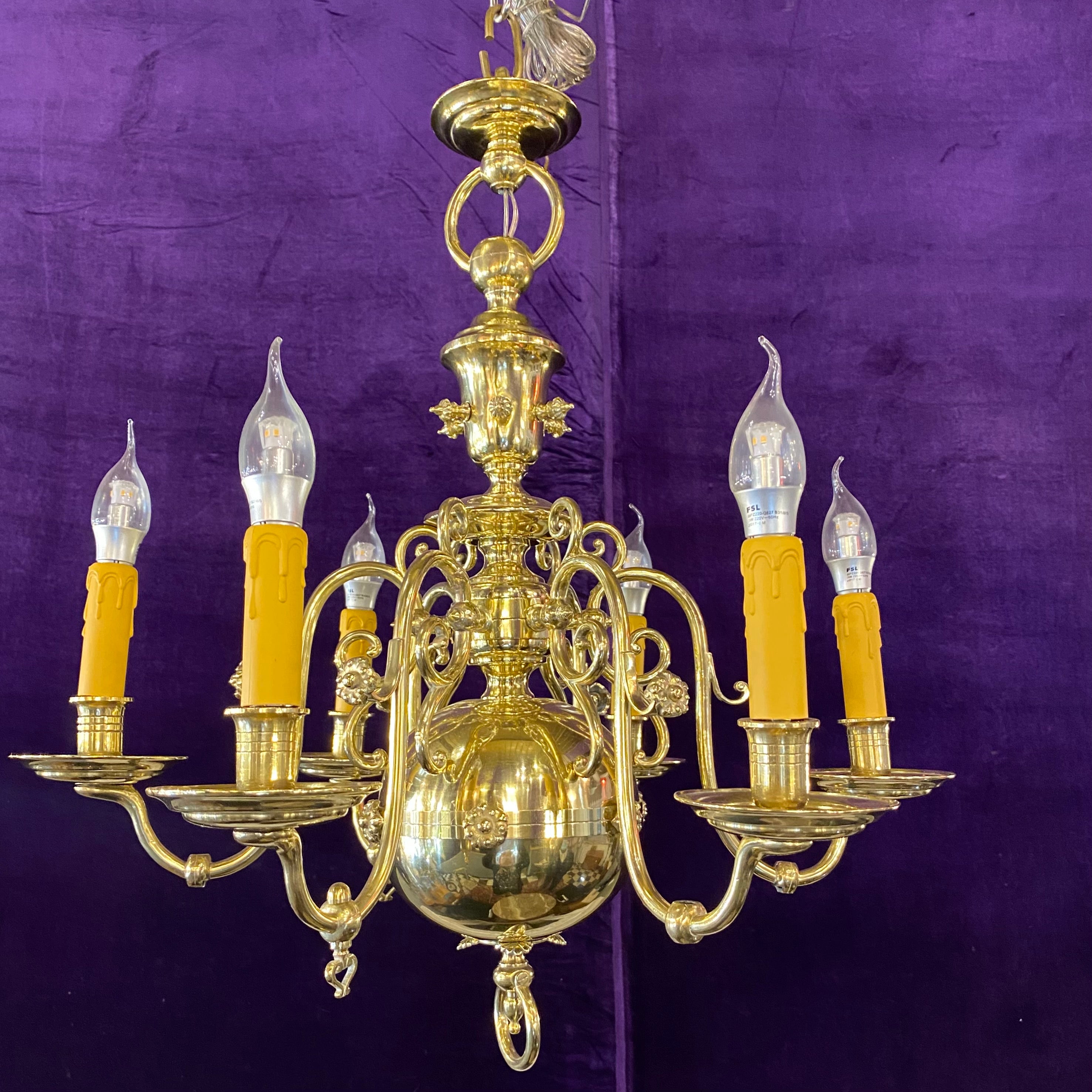 Antique Polished Brass Gasolier Flemish Chandelier