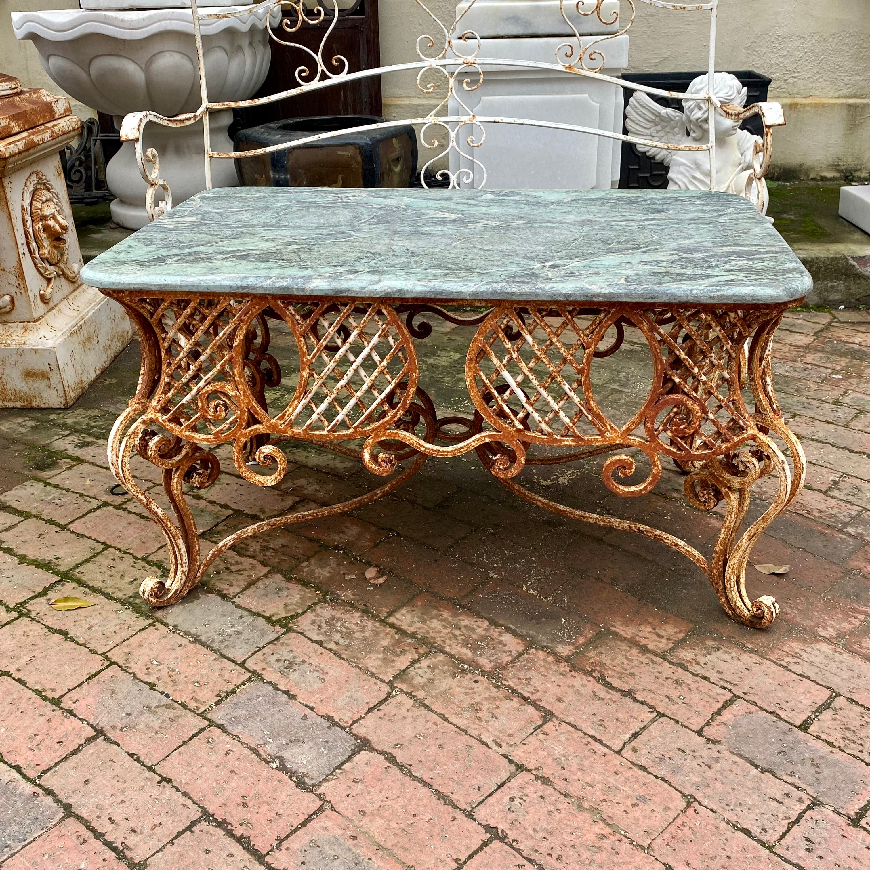 Wrought Iron Coffee Table with Green Marble Top