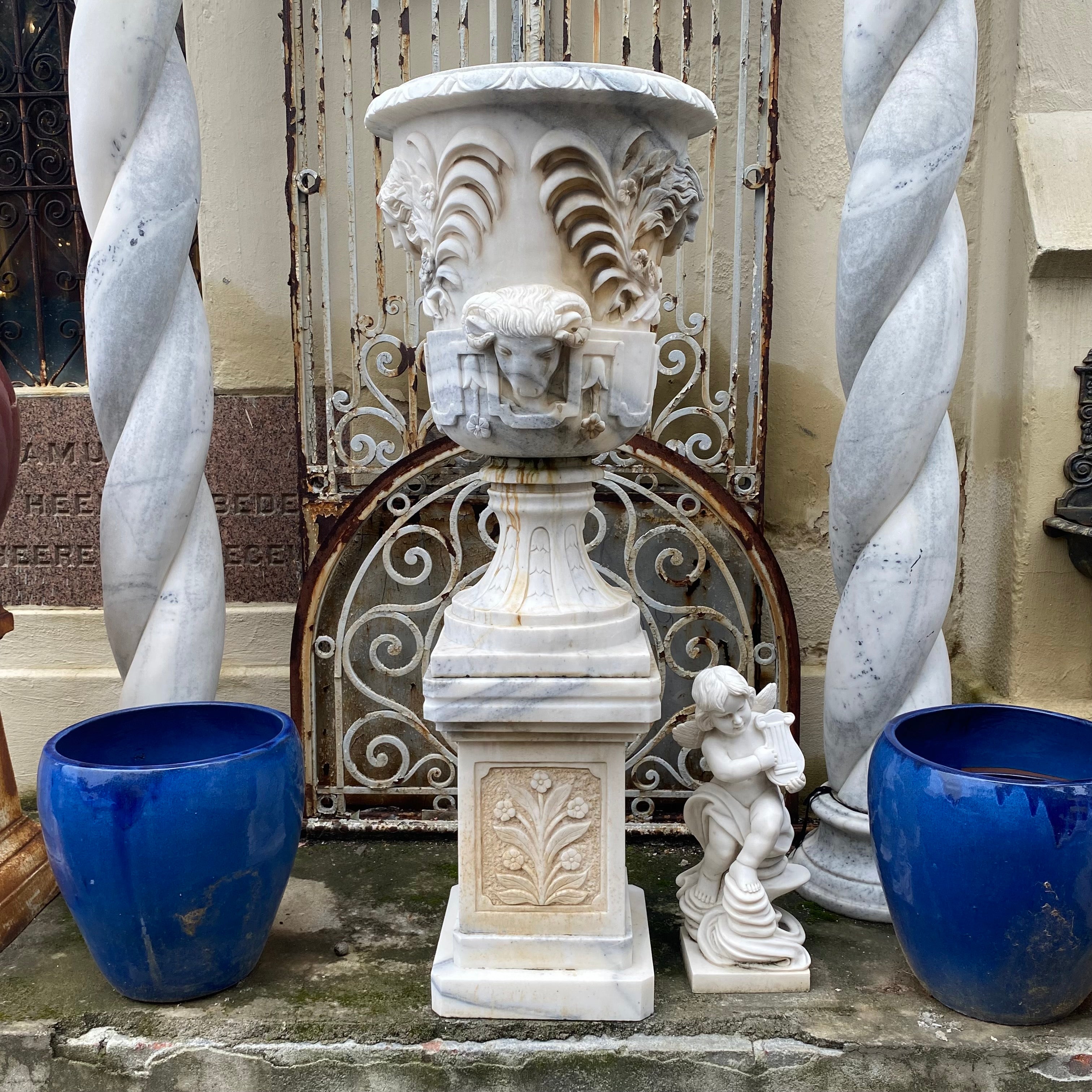 Unusual White Marble Urn with Ram Heads