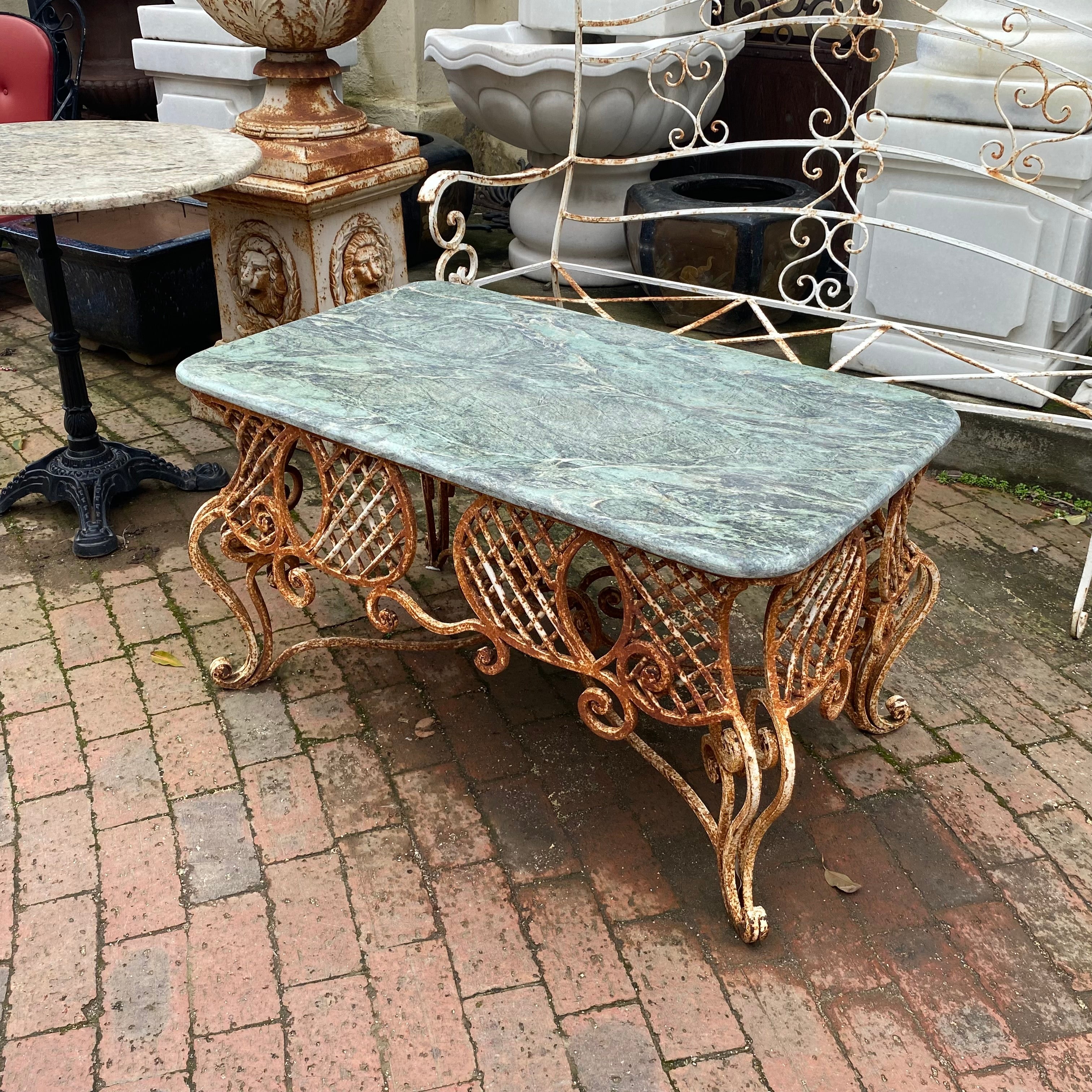 Wrought Iron Coffee Table with Green Marble Top