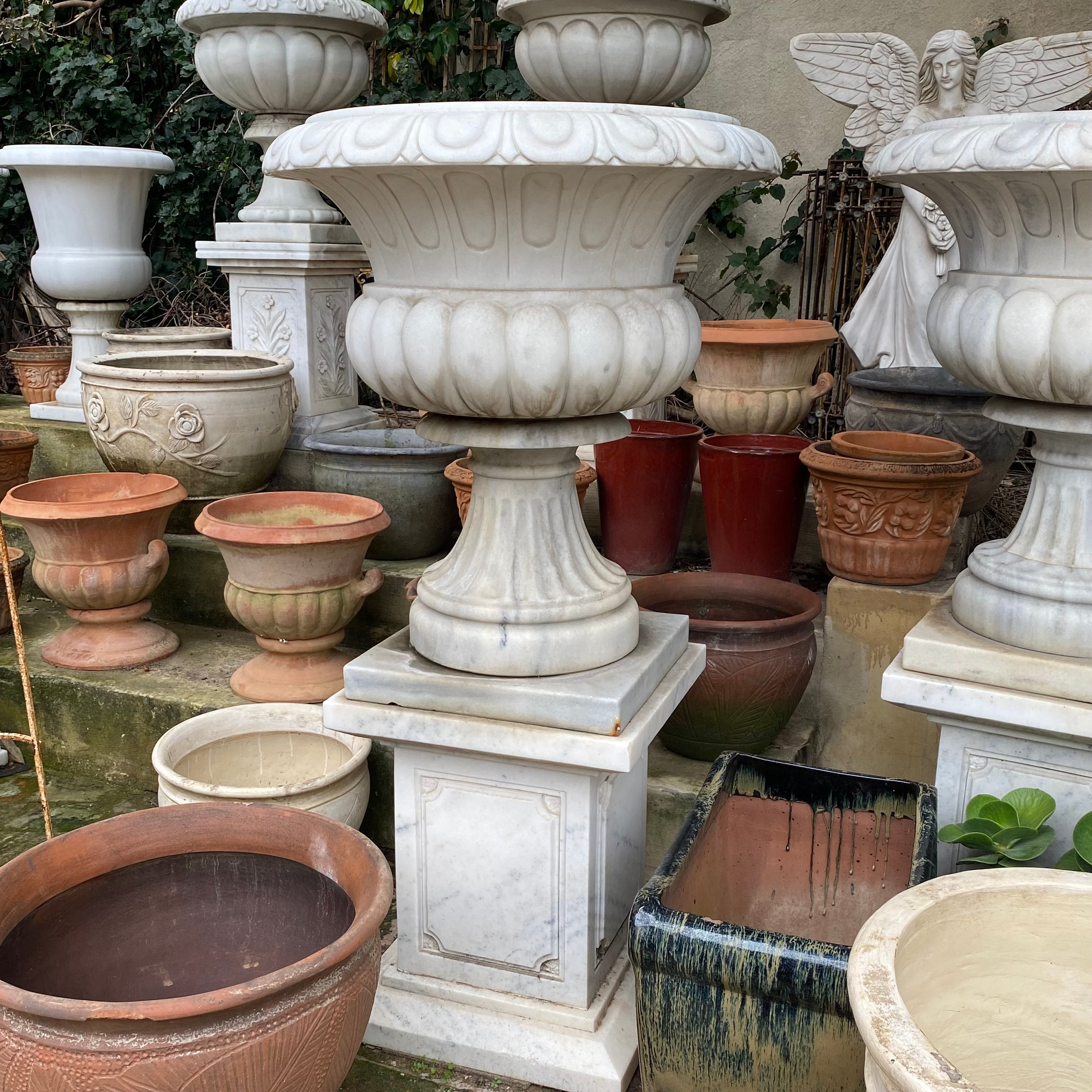 A Heavy White Marble Urn with Wide Rim