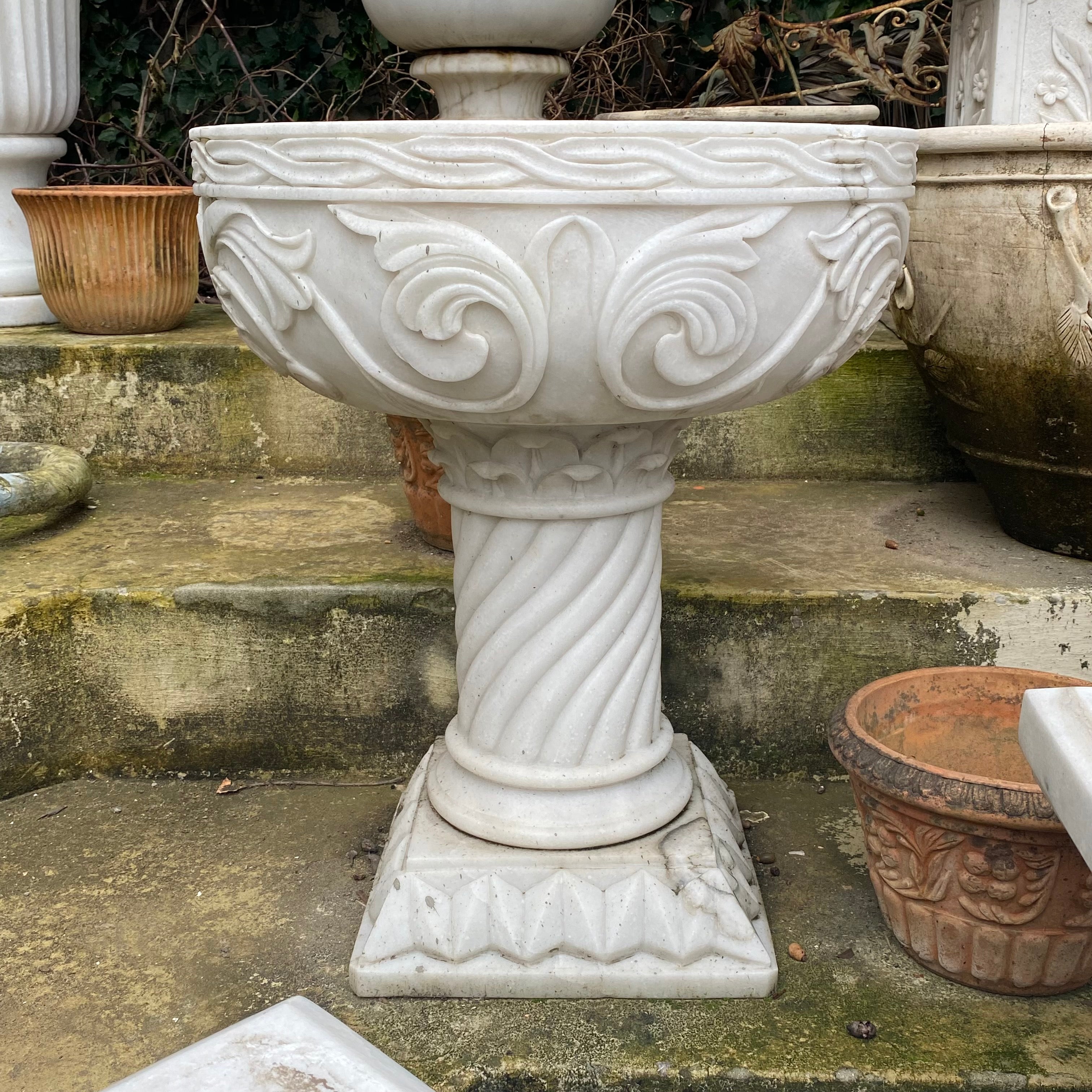 Pair of Beautifully Carved Heavy White Marble Urns