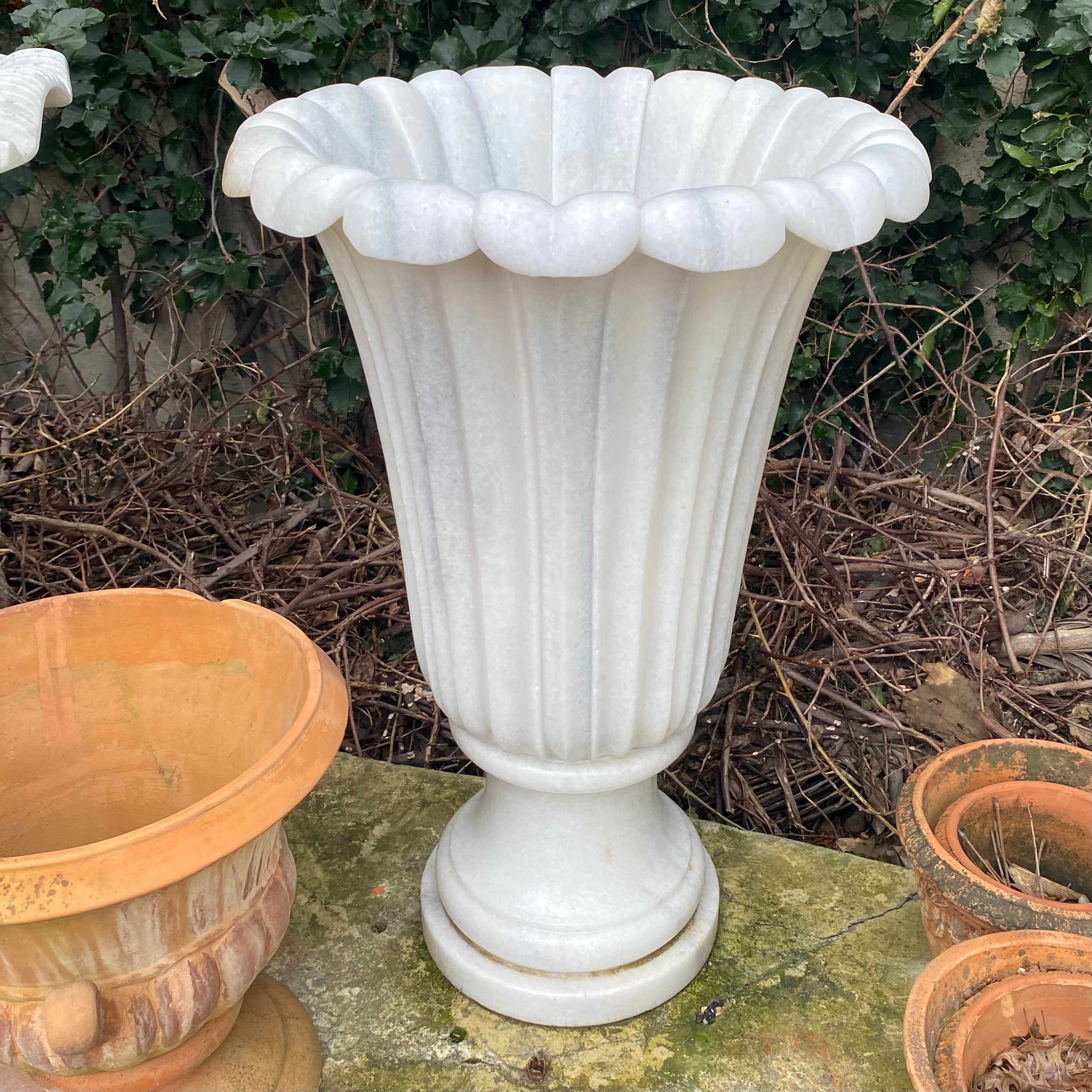 Fluted Agapanthus White Marble Urn with Grey Vein