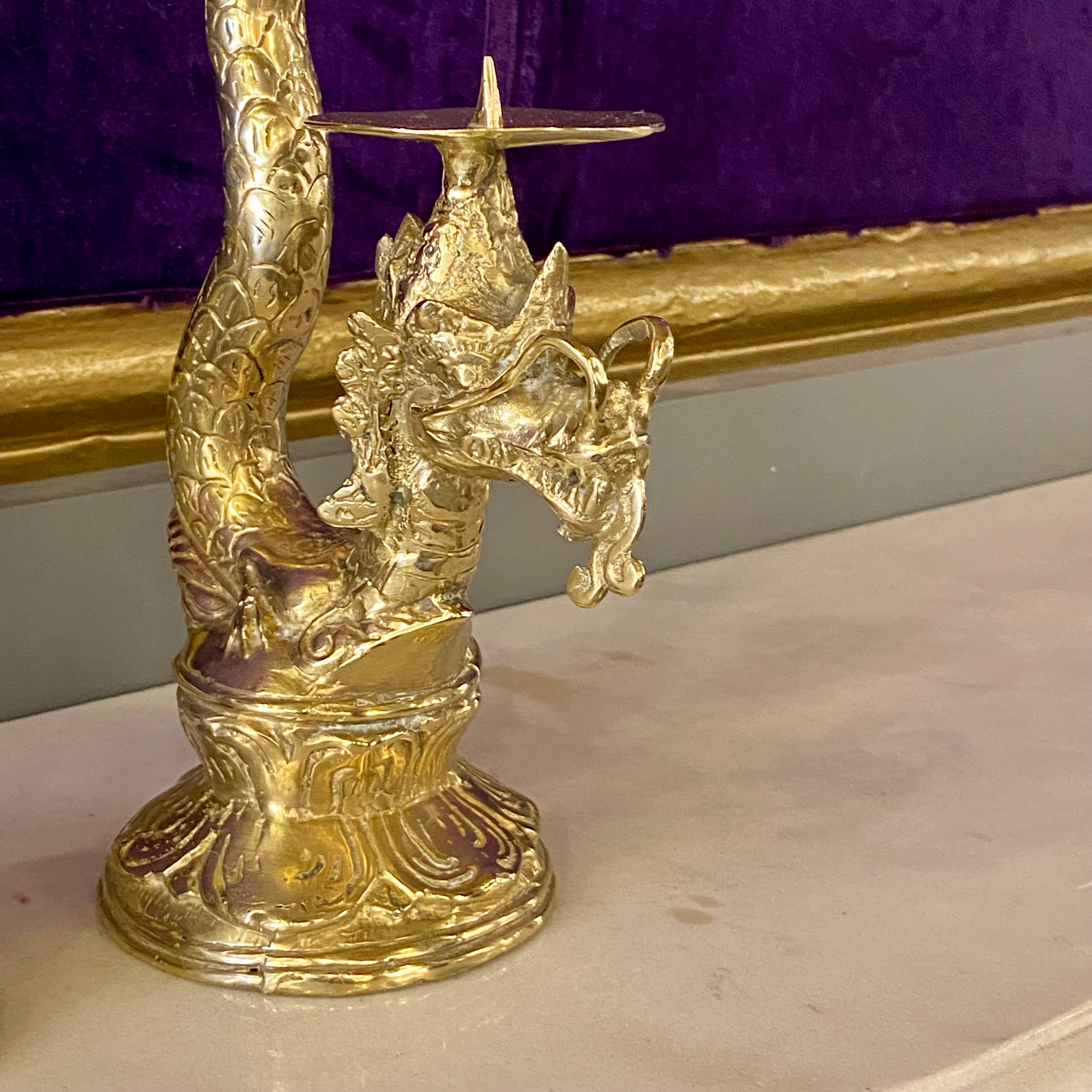 Pair of Polished Brass Dragon Candle Holders