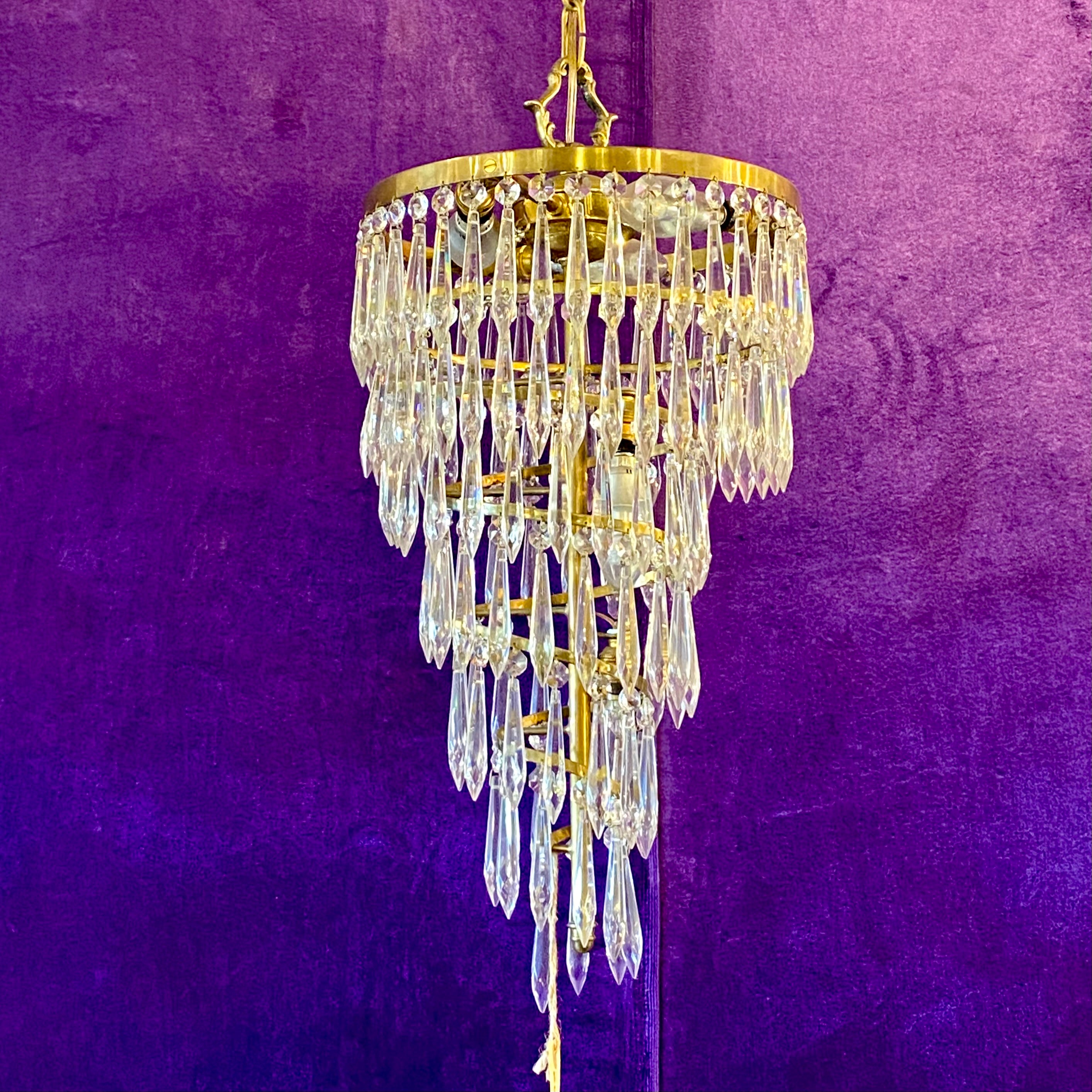 Cascading Brass and Crystal Waterfall Chandelier - SOLD