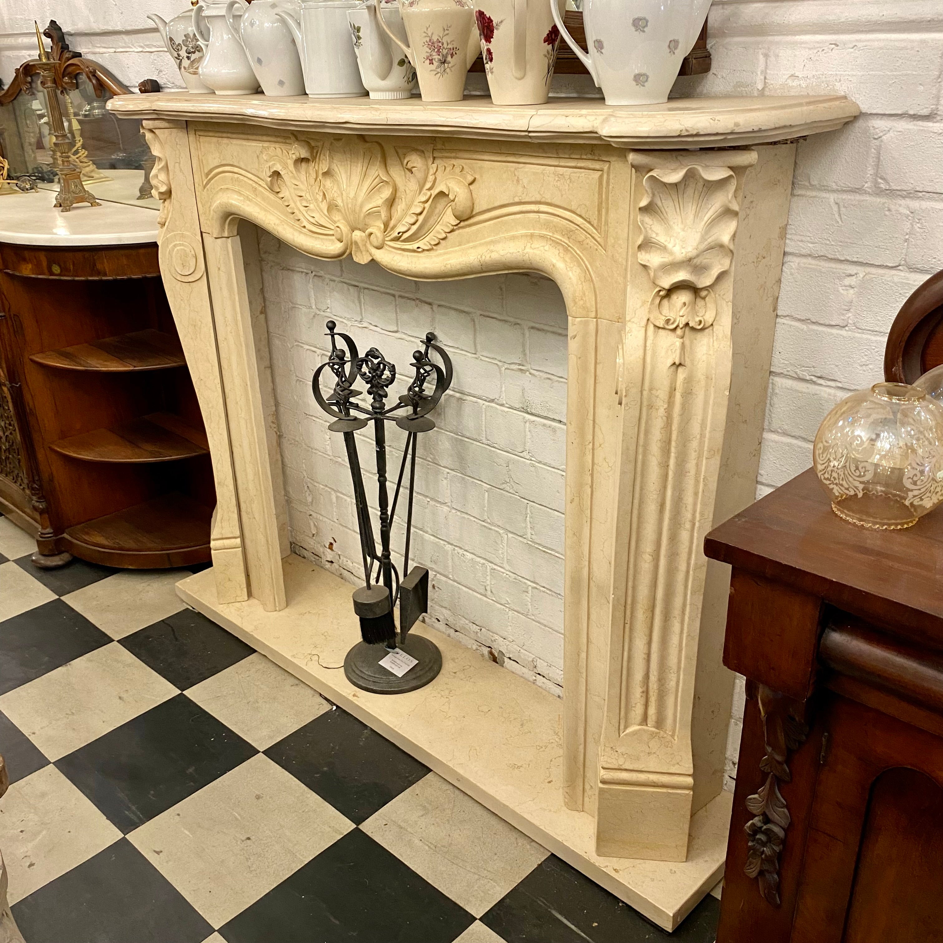 Stunning Hand Carved Creme Marble Fireplace