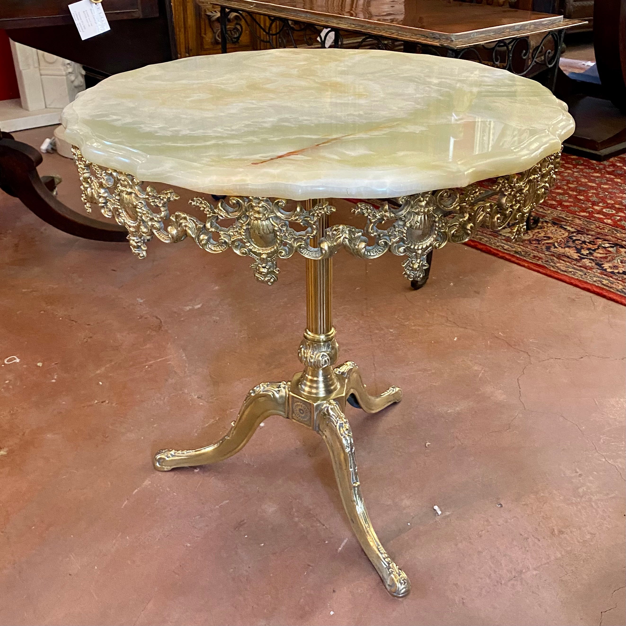 French Cast Brass Side Table with Green Marble Top