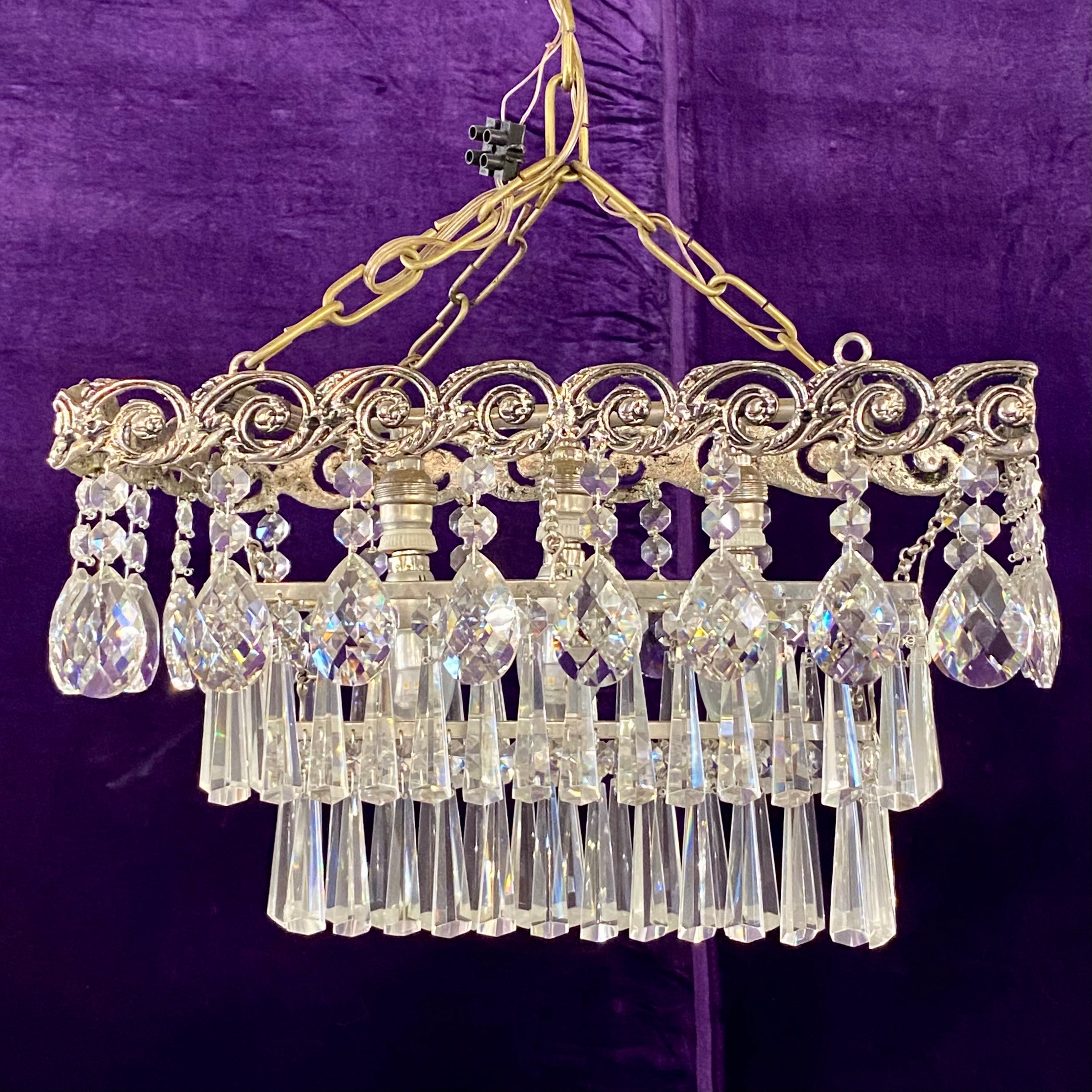 Rectangular Aged Nickel & Crystal Waterfall Chandelier