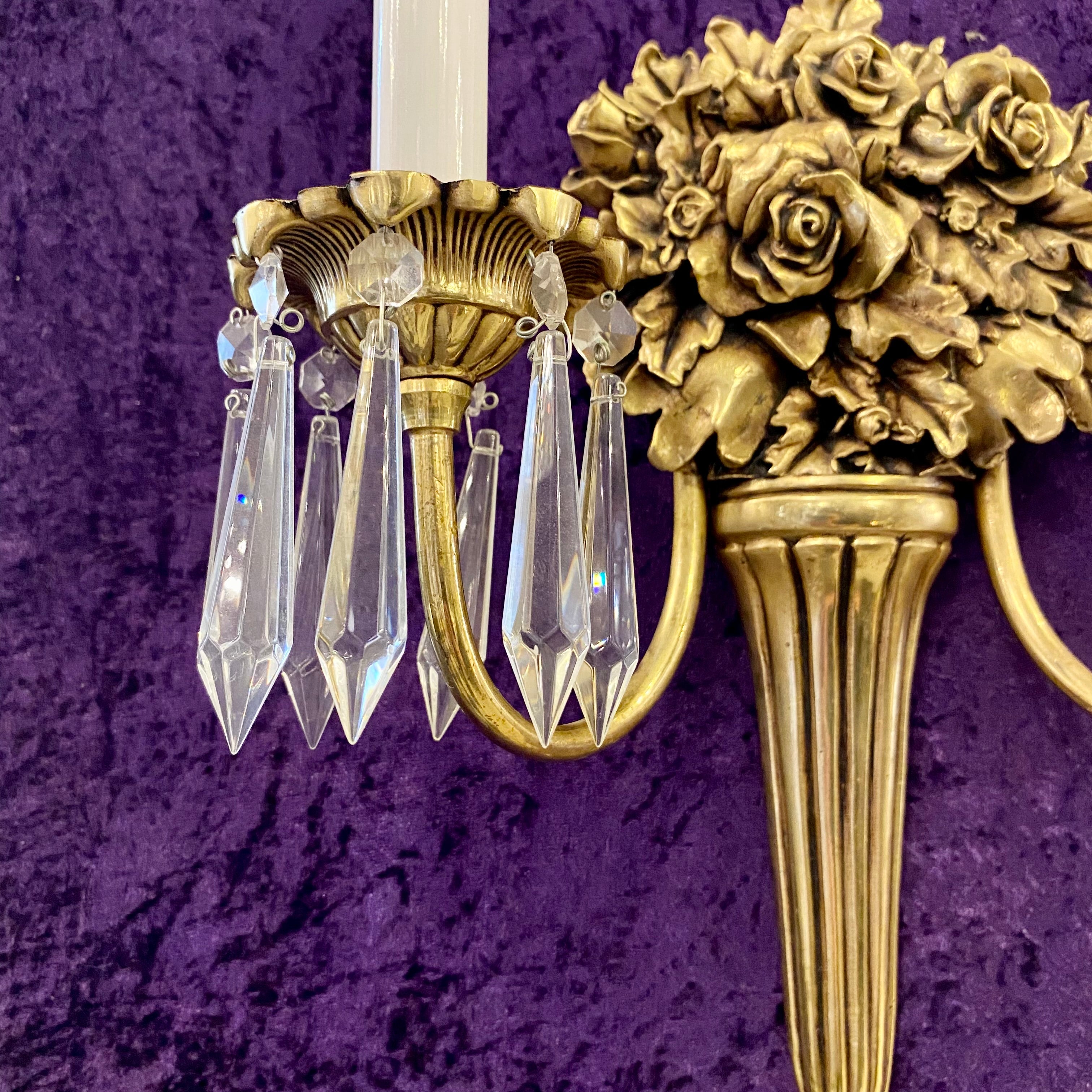 Elegant Brass & Crystal Rose Wall Sconces - SOLD