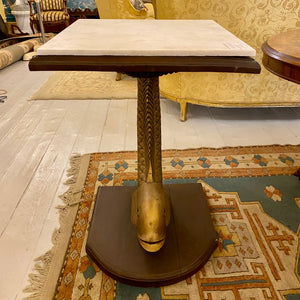 Wood Carved Fish Side Table with Marble Top