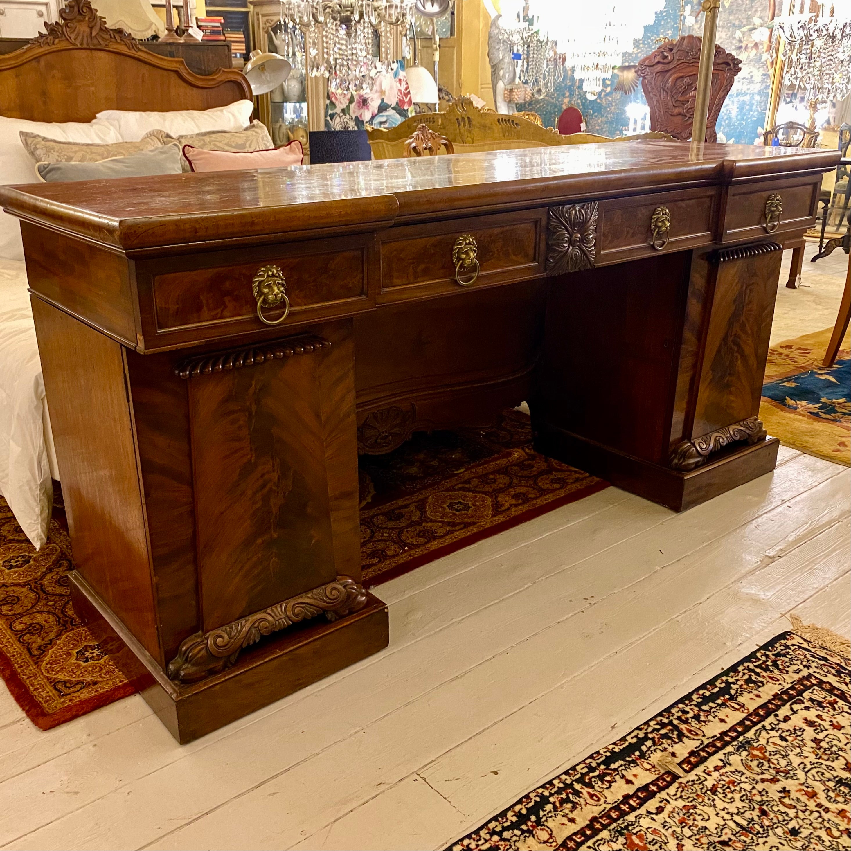 Victorian Mahogany Server with Carved Detail & Brass Handles