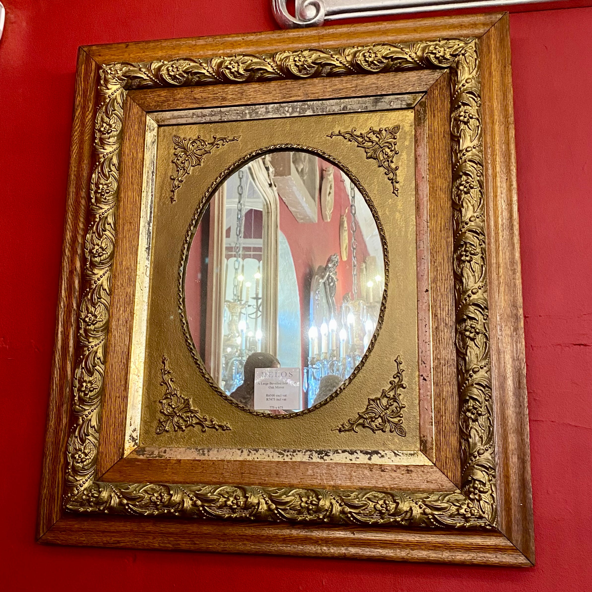 Antique Beveled Mirror with a Brass & Oak Frame