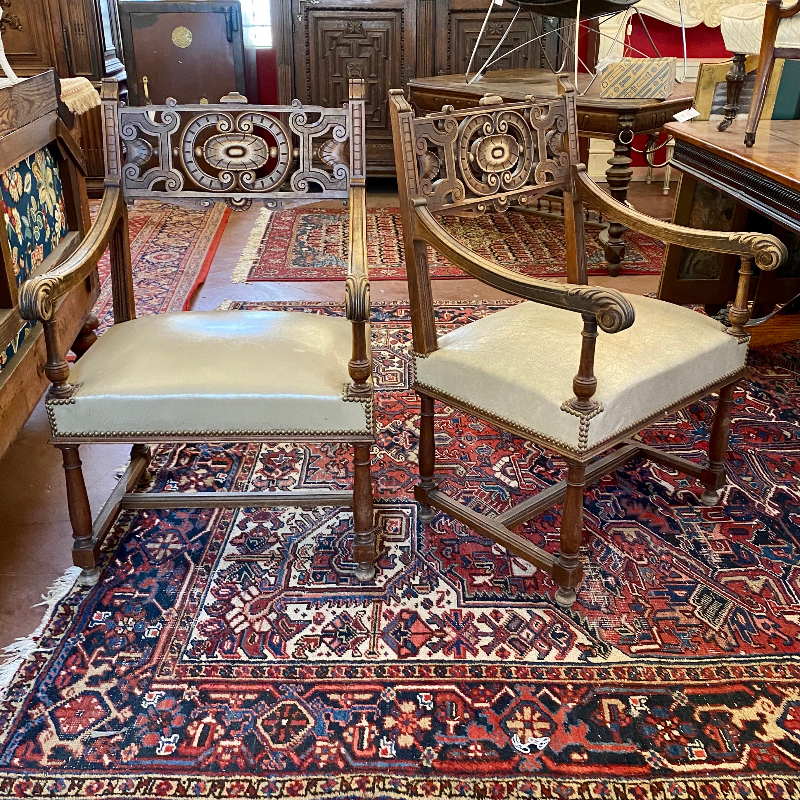 Antique Church Oak & Leather Chairs