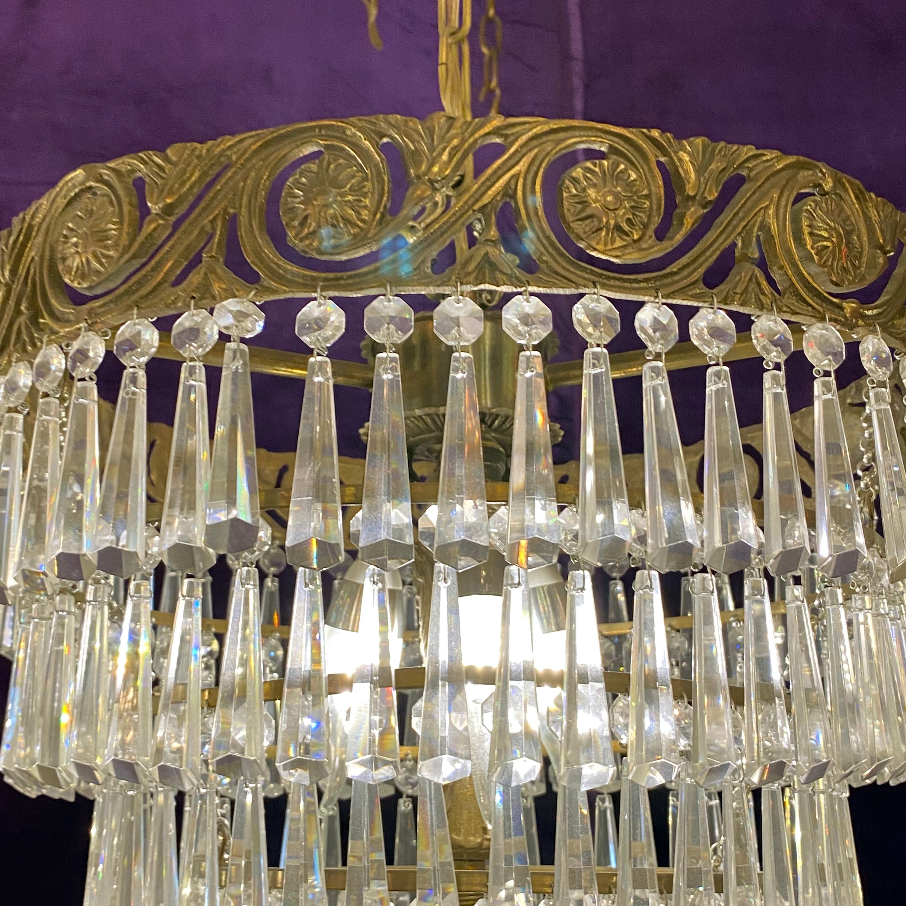 Aged Brass and Crystal Waterfall Chandelier