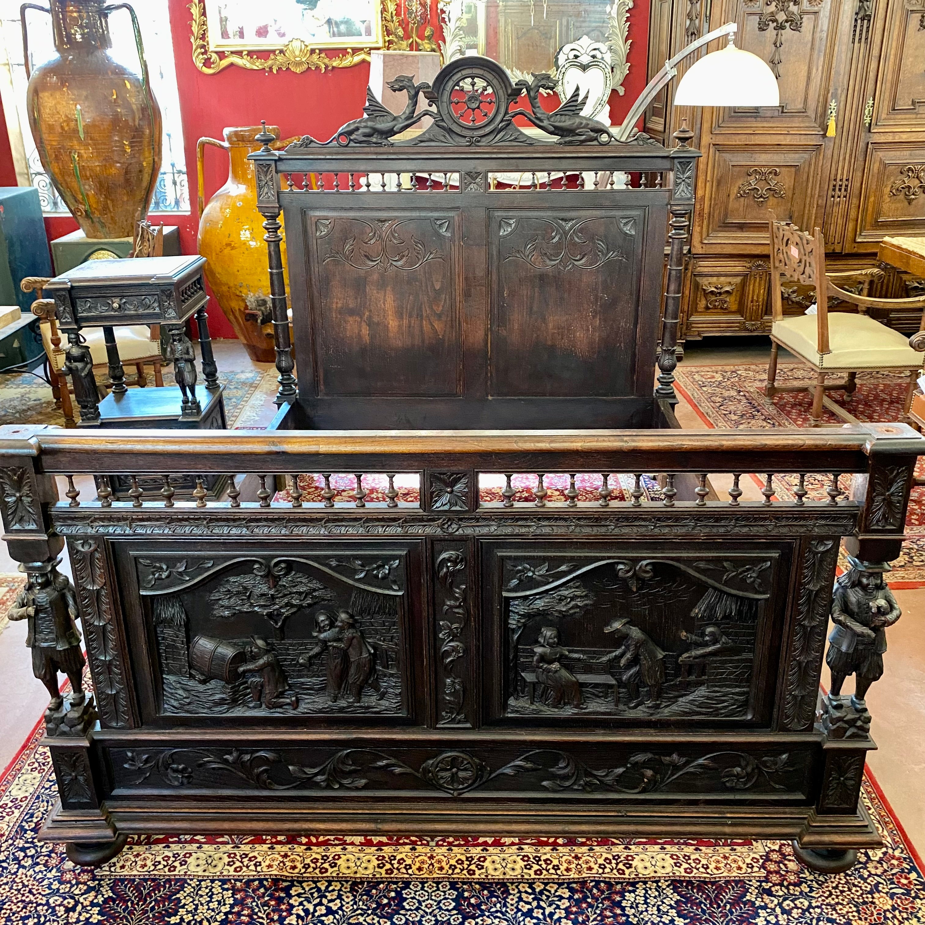 Incredible Antique Breton French Oak Bed & Nightstand