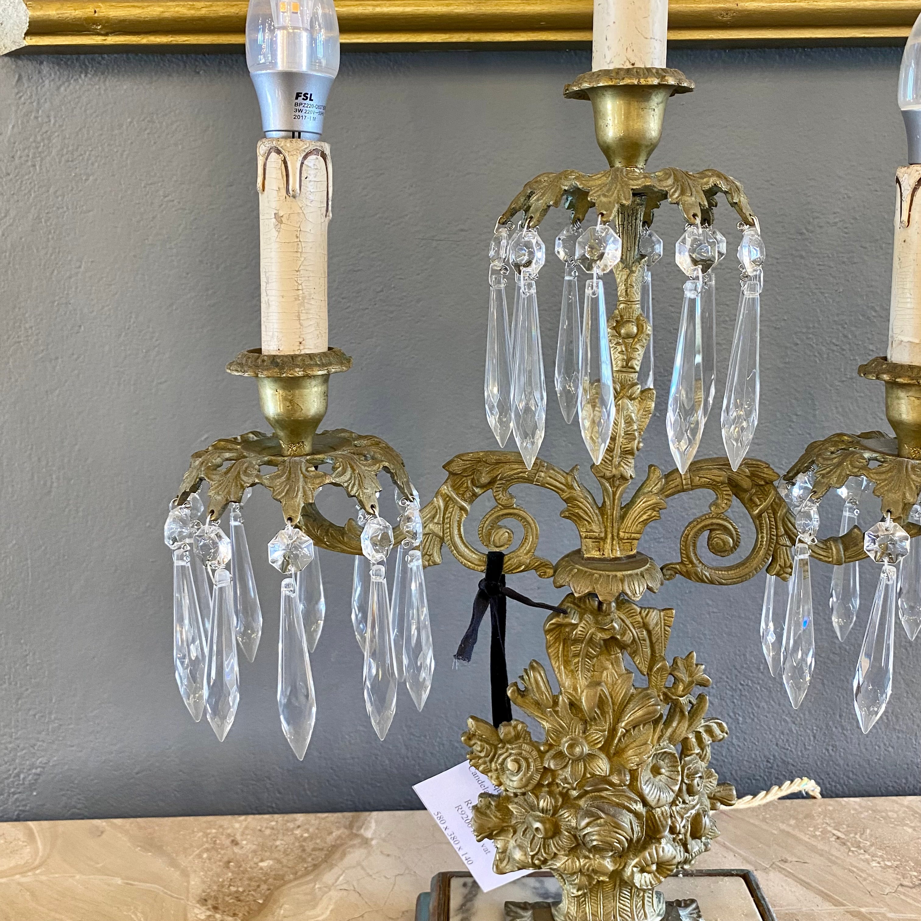 Antique Brass & Crystal Candelabra with Marble Base - SOLD