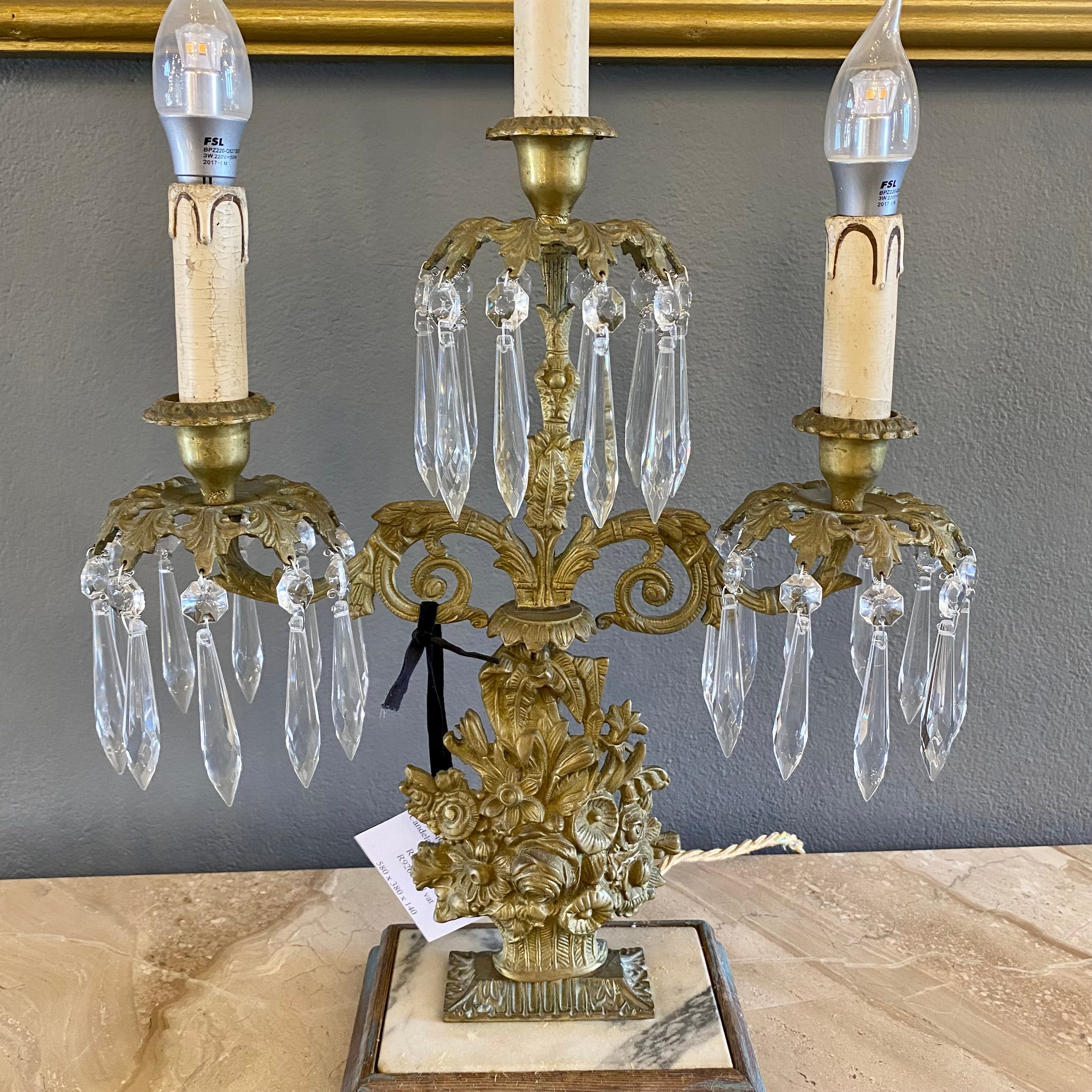 Antique Brass & Crystal Candelabra with Marble Base - SOLD