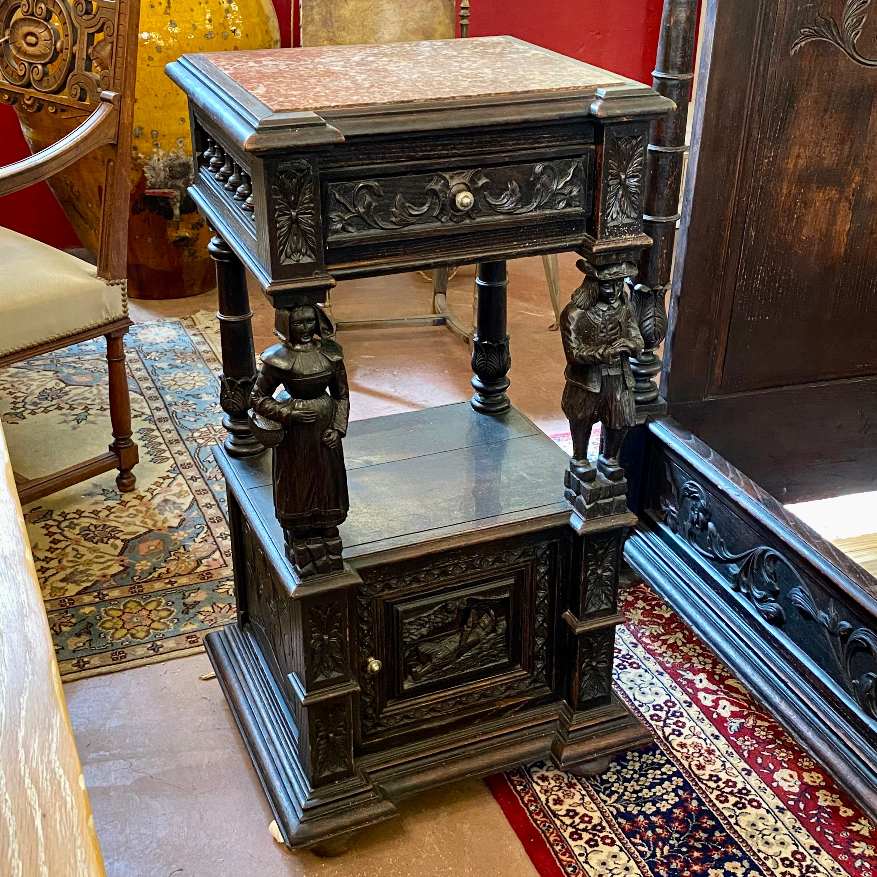 Incredible Antique Breton French Oak Bed & Nightstand