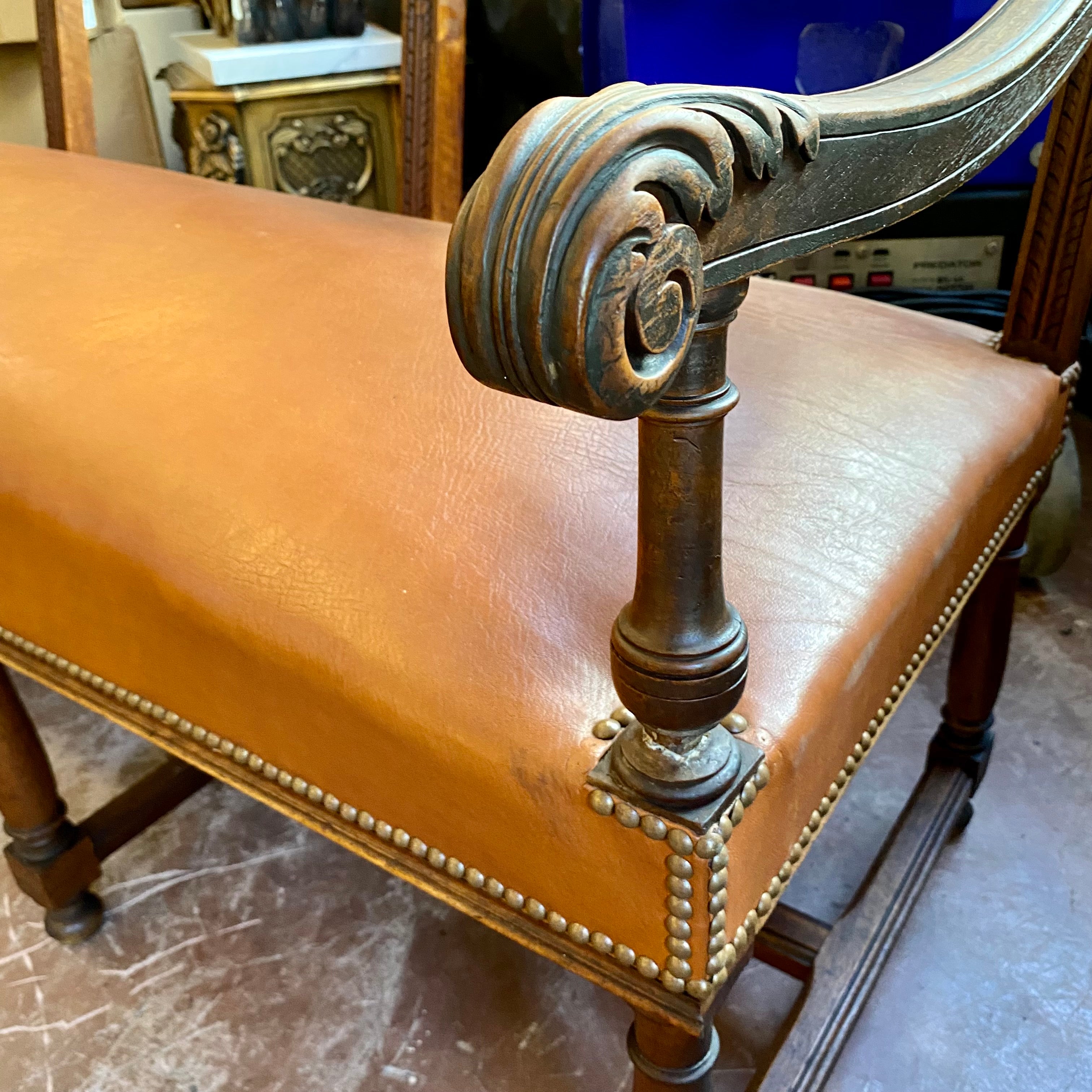 Antique Church Oak & Leather Chairs