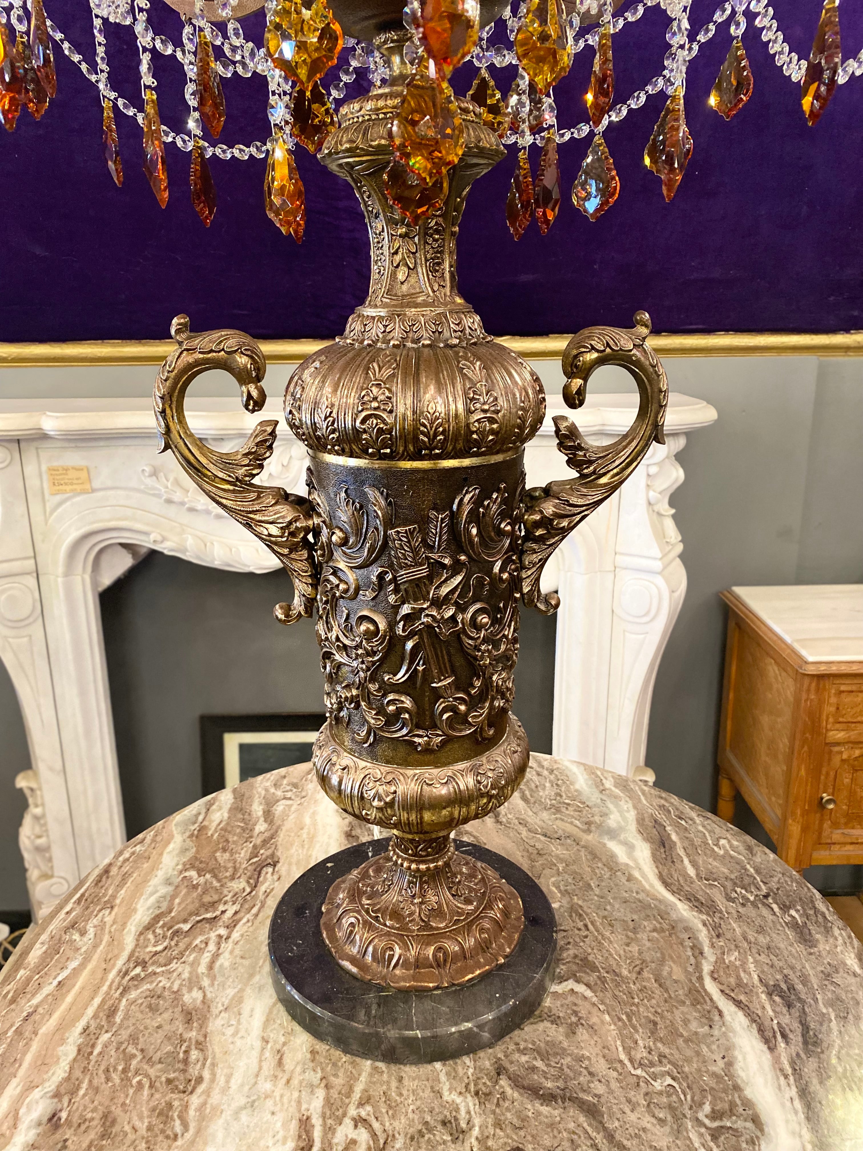 Antique Copper & Brass Lamp with Crystal Cage Chandelier & Marble Base