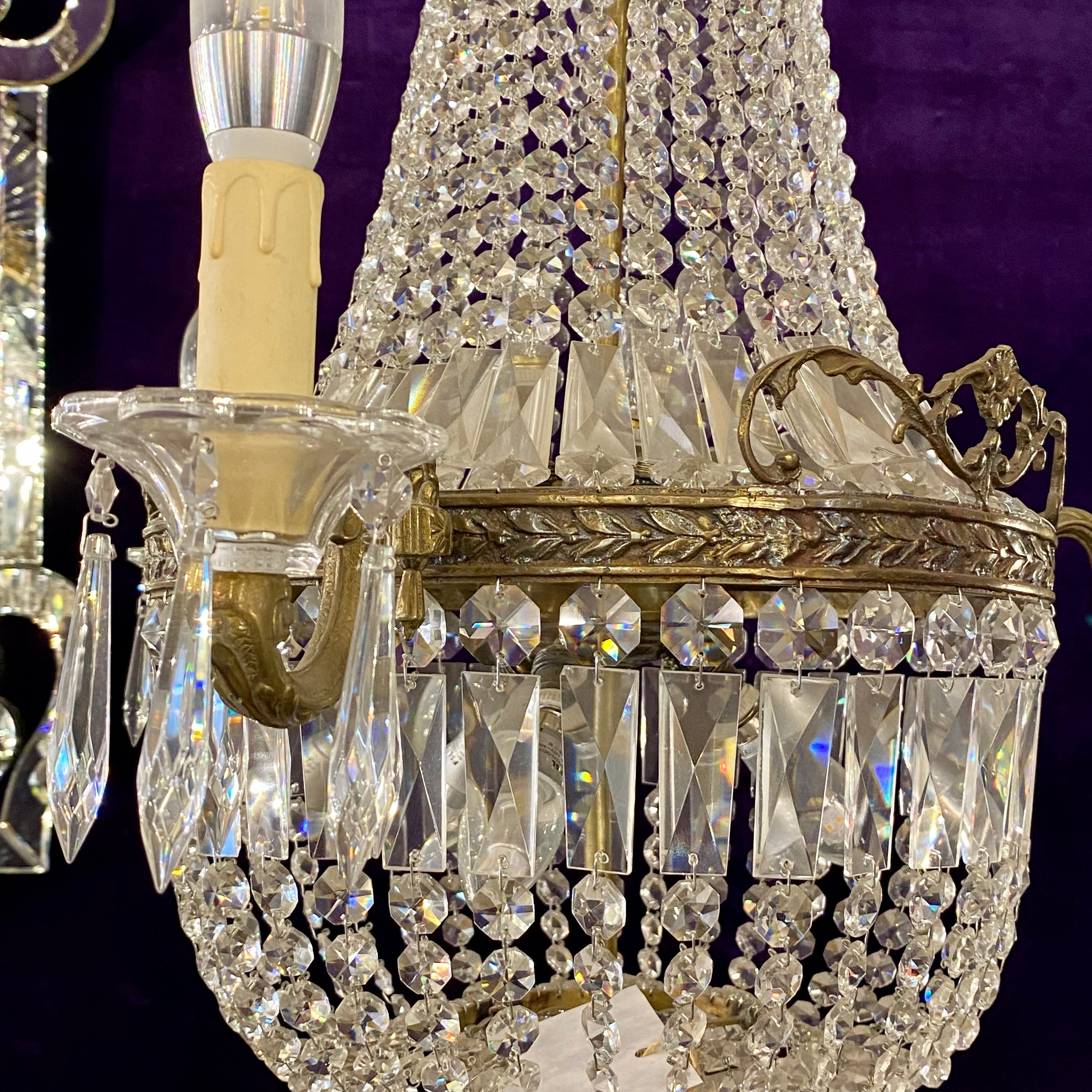 Beautiful Aged Brass and Crystal Neoclassical Chandelier