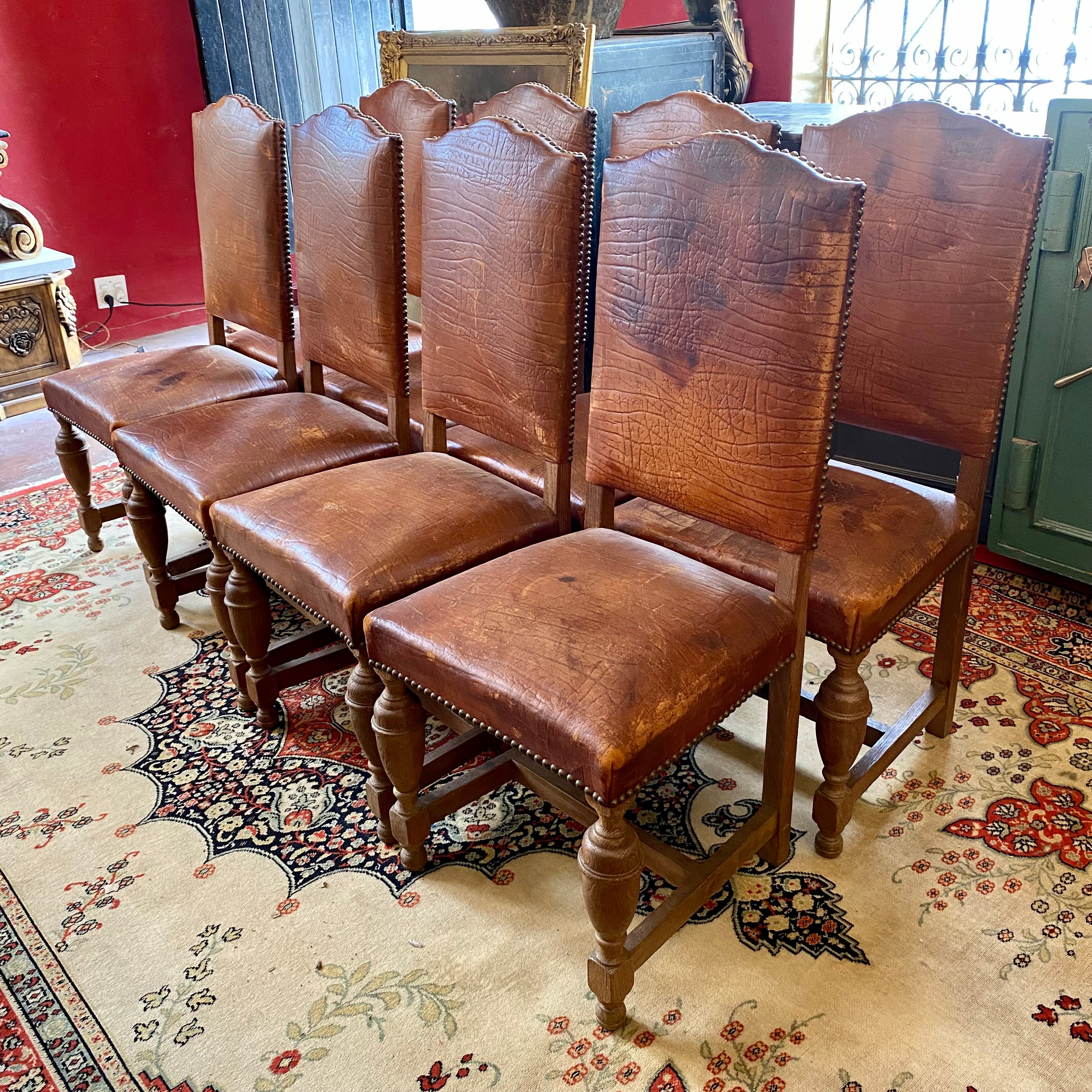 Set of Eight Antique Oak & Leather Dining Chairs