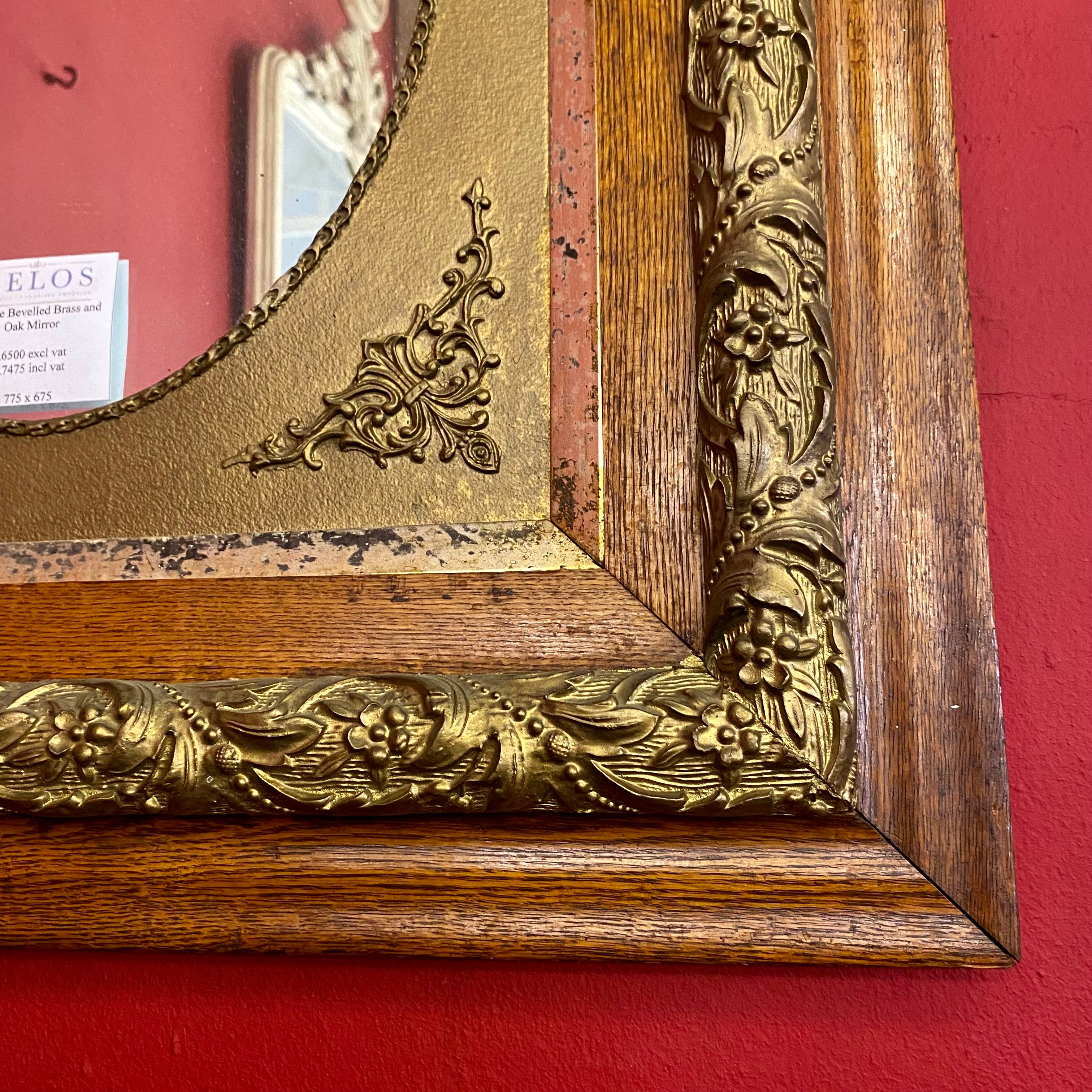 Antique Beveled Mirror with a Brass & Oak Frame