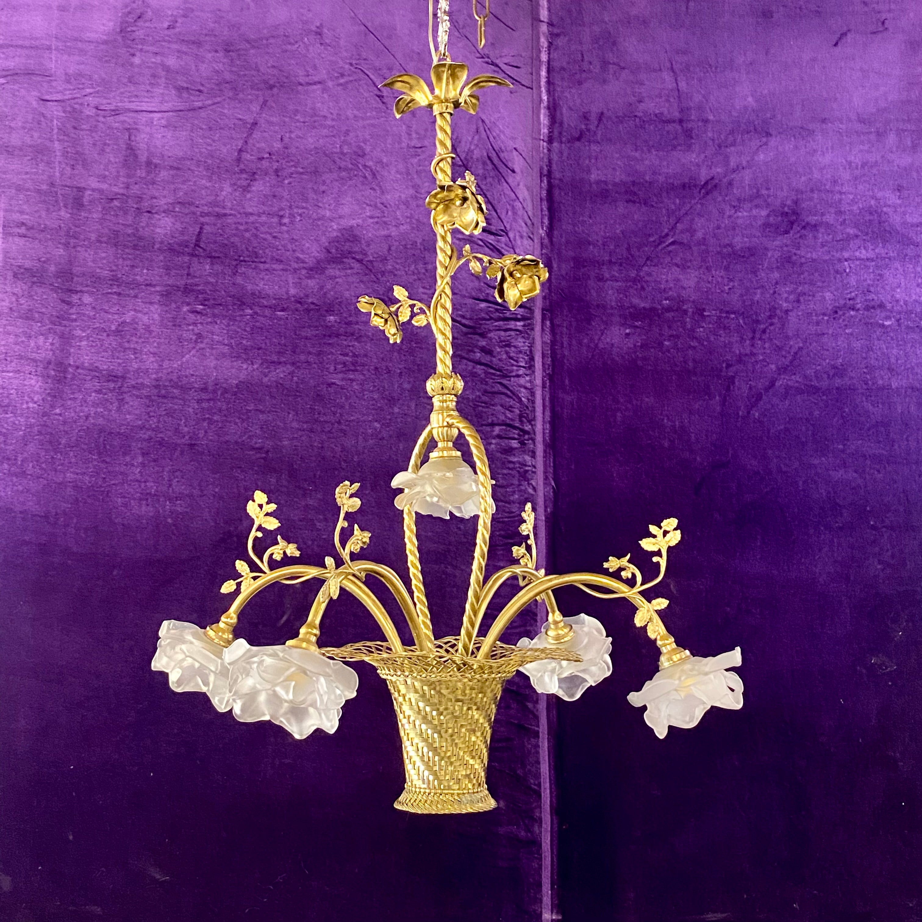 Pretty Polished Brass Flower Basket Chandelier