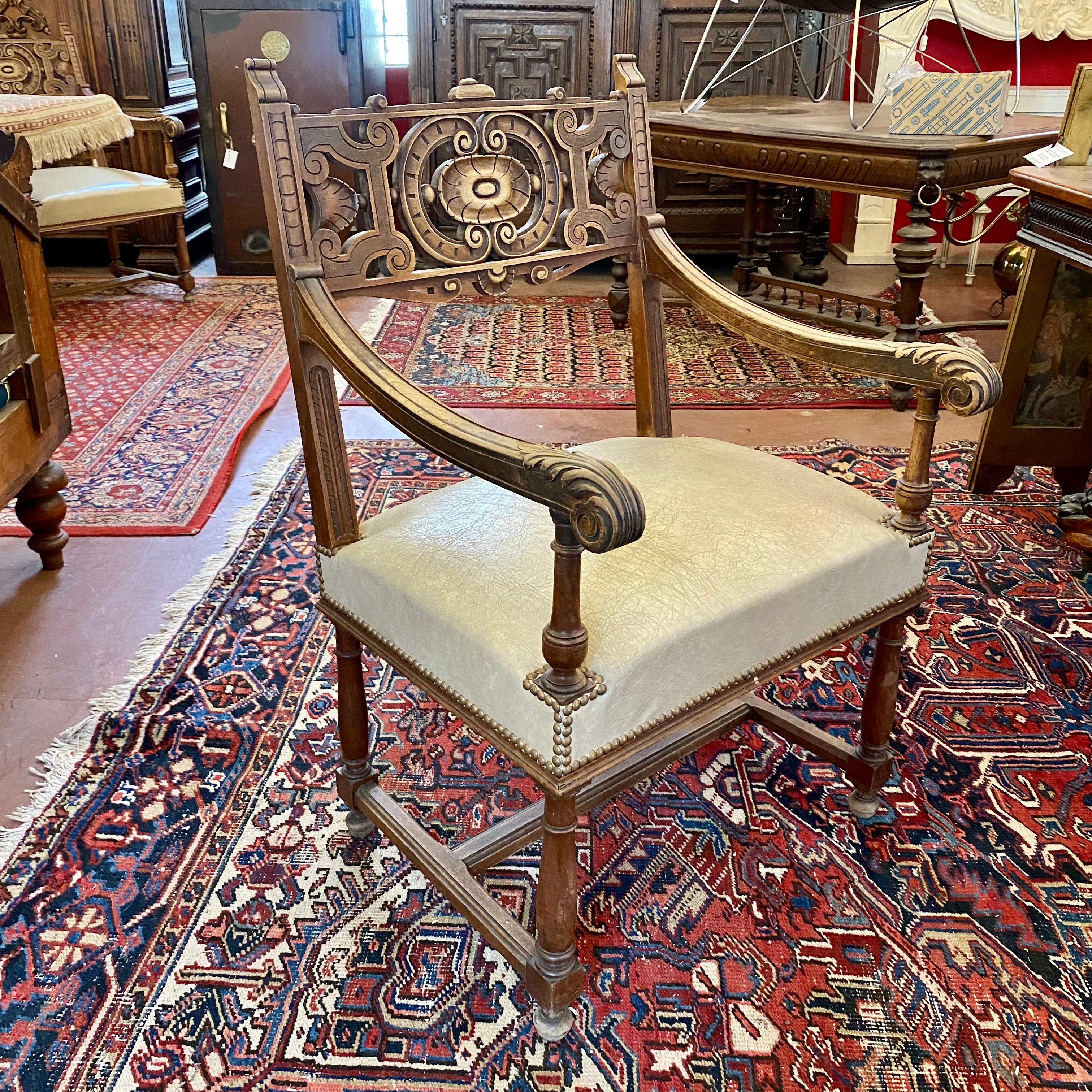 Antique Church Oak & Leather Chairs