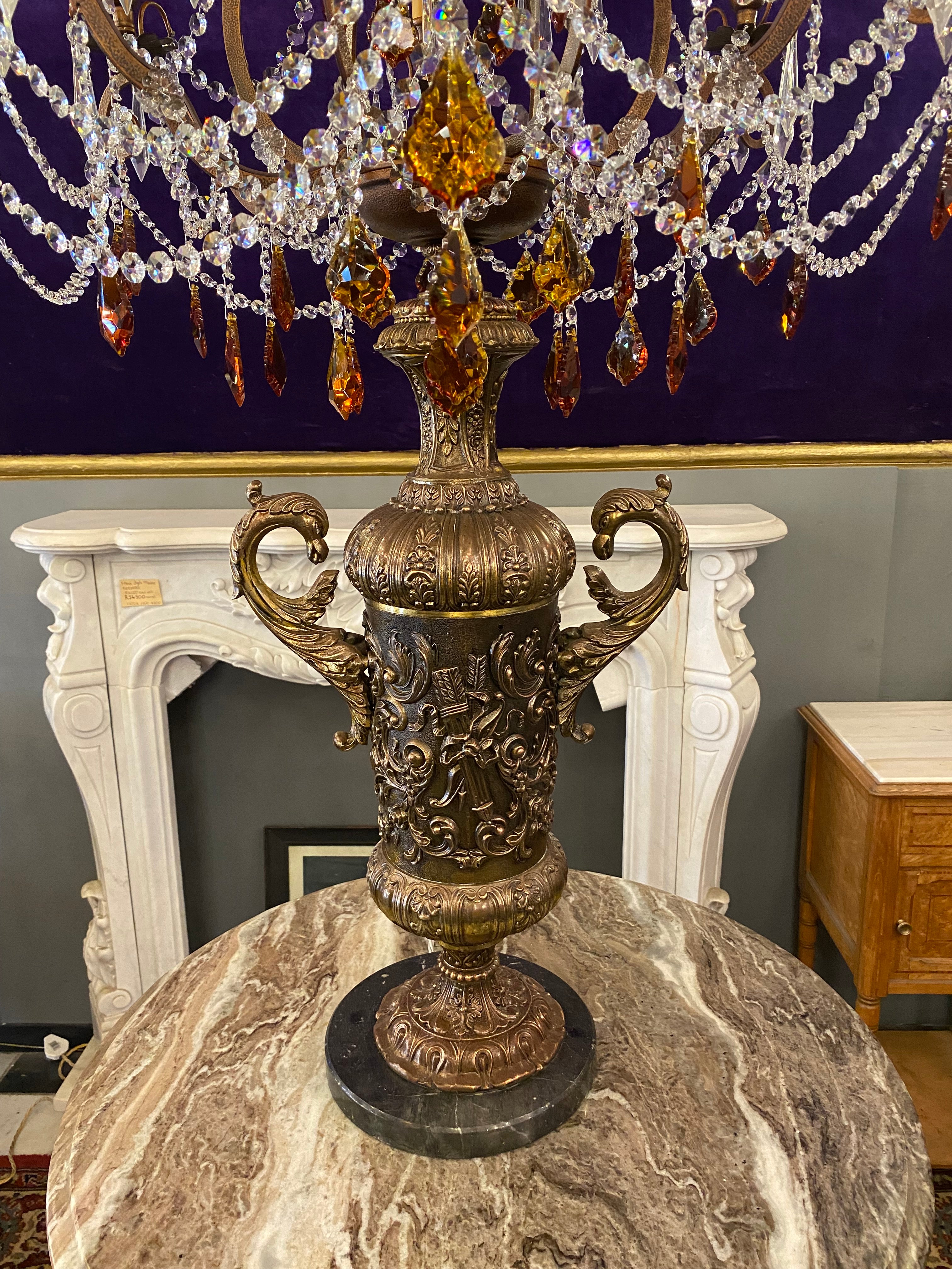 Antique Copper & Brass Lamp with Crystal Cage Chandelier & Marble Base